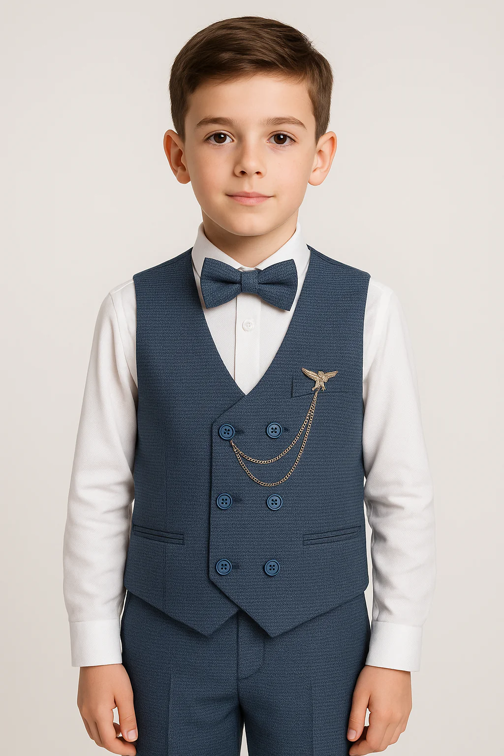 Boys' 5-Piece Textured Double Breasted Waistcoat Suit - MATRIX - Navy