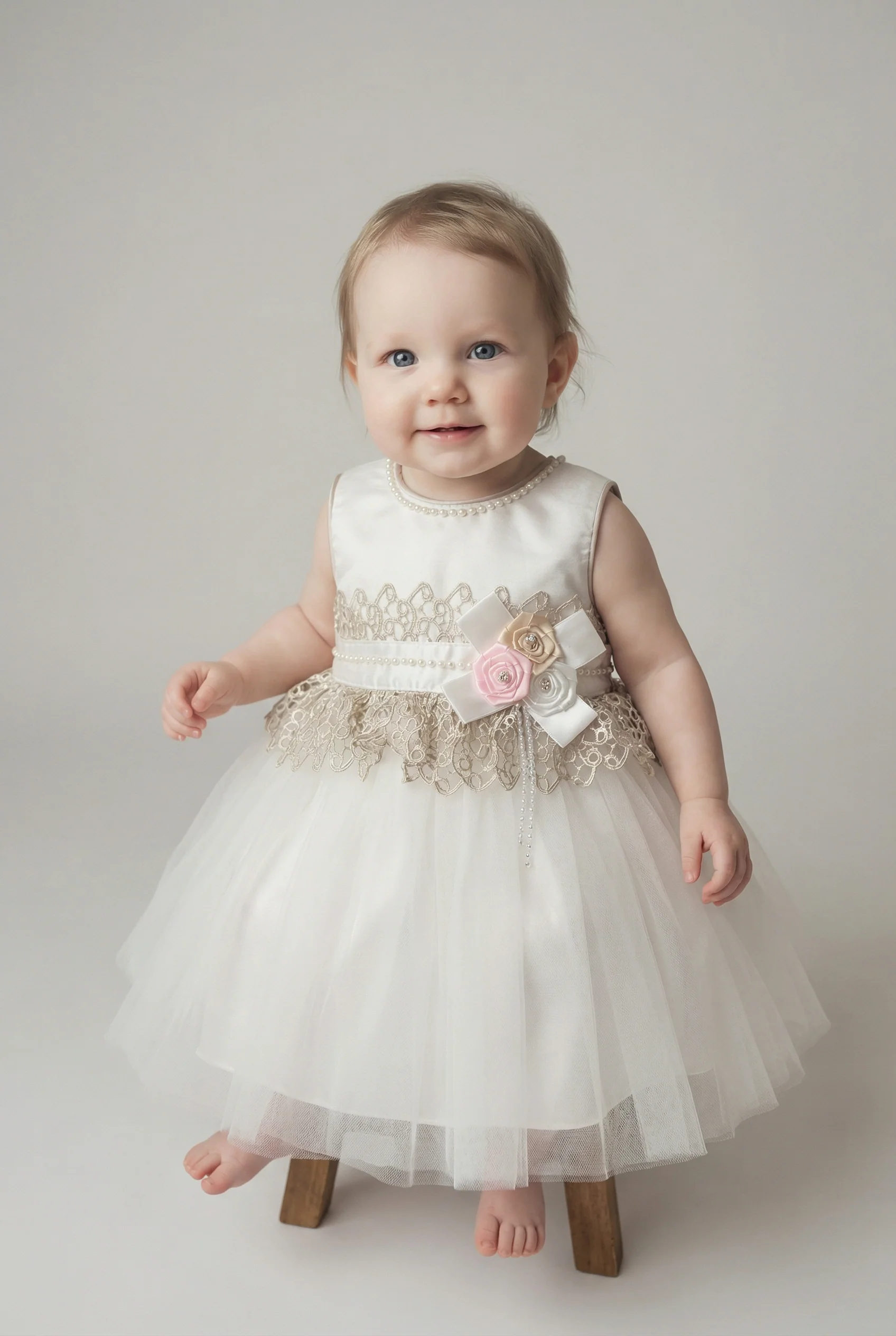 Babies & Girls Ivory Satin & Tulle Dress - Image 7
