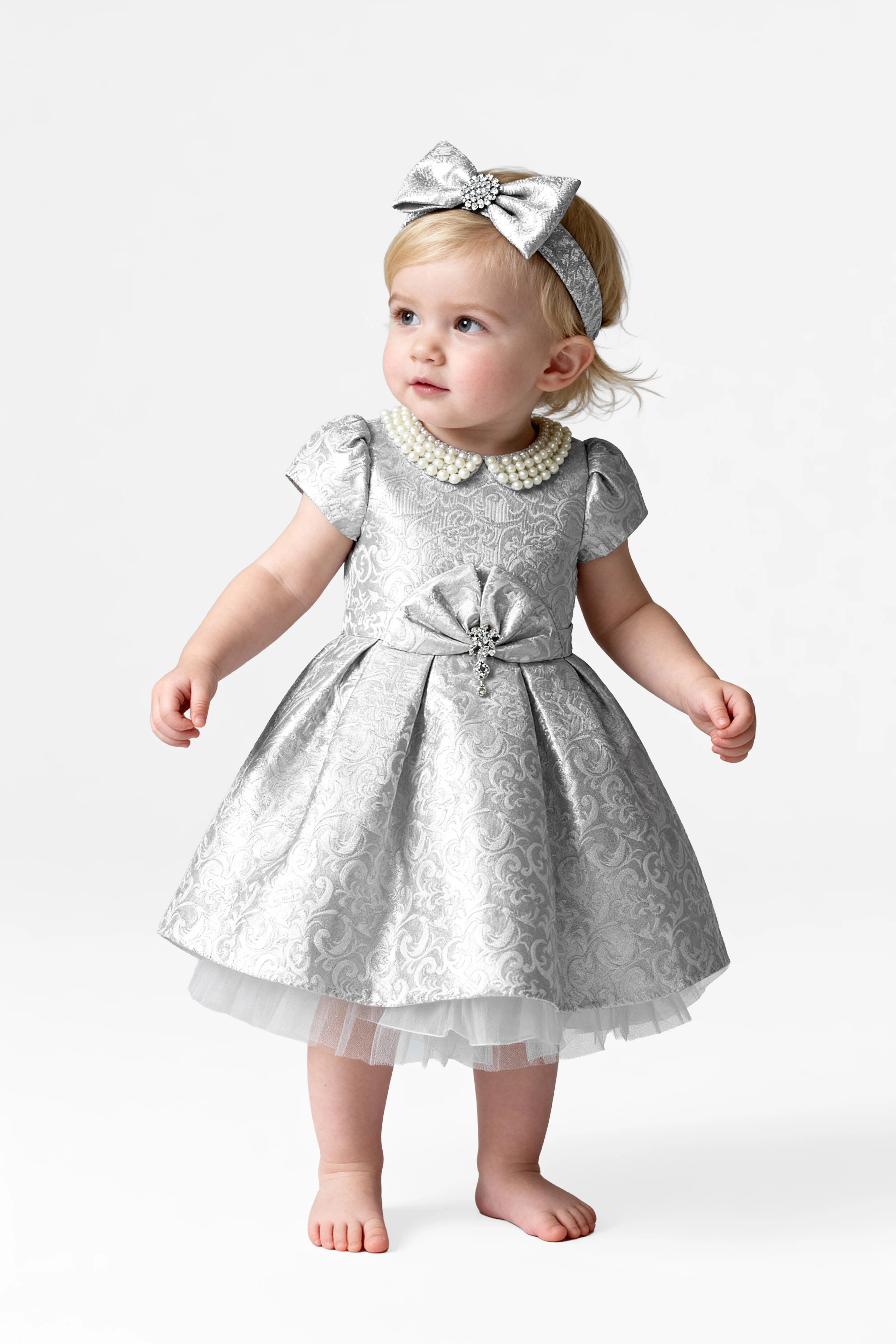Babies & Girls Peter Pan Collar Brocade Dress - Silver