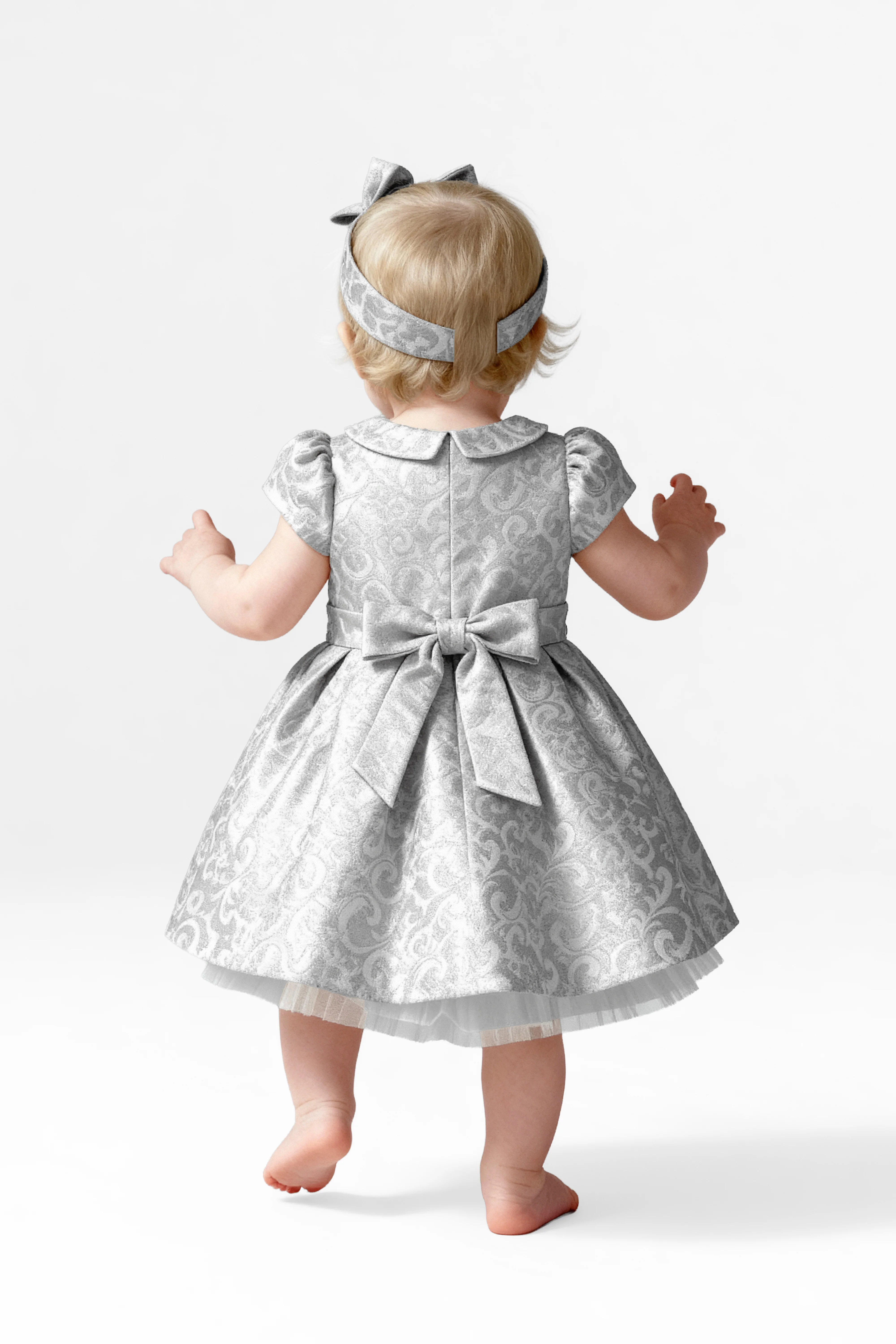Babies & Girls Peter Pan Collar Brocade Dress - Silver - Image 2