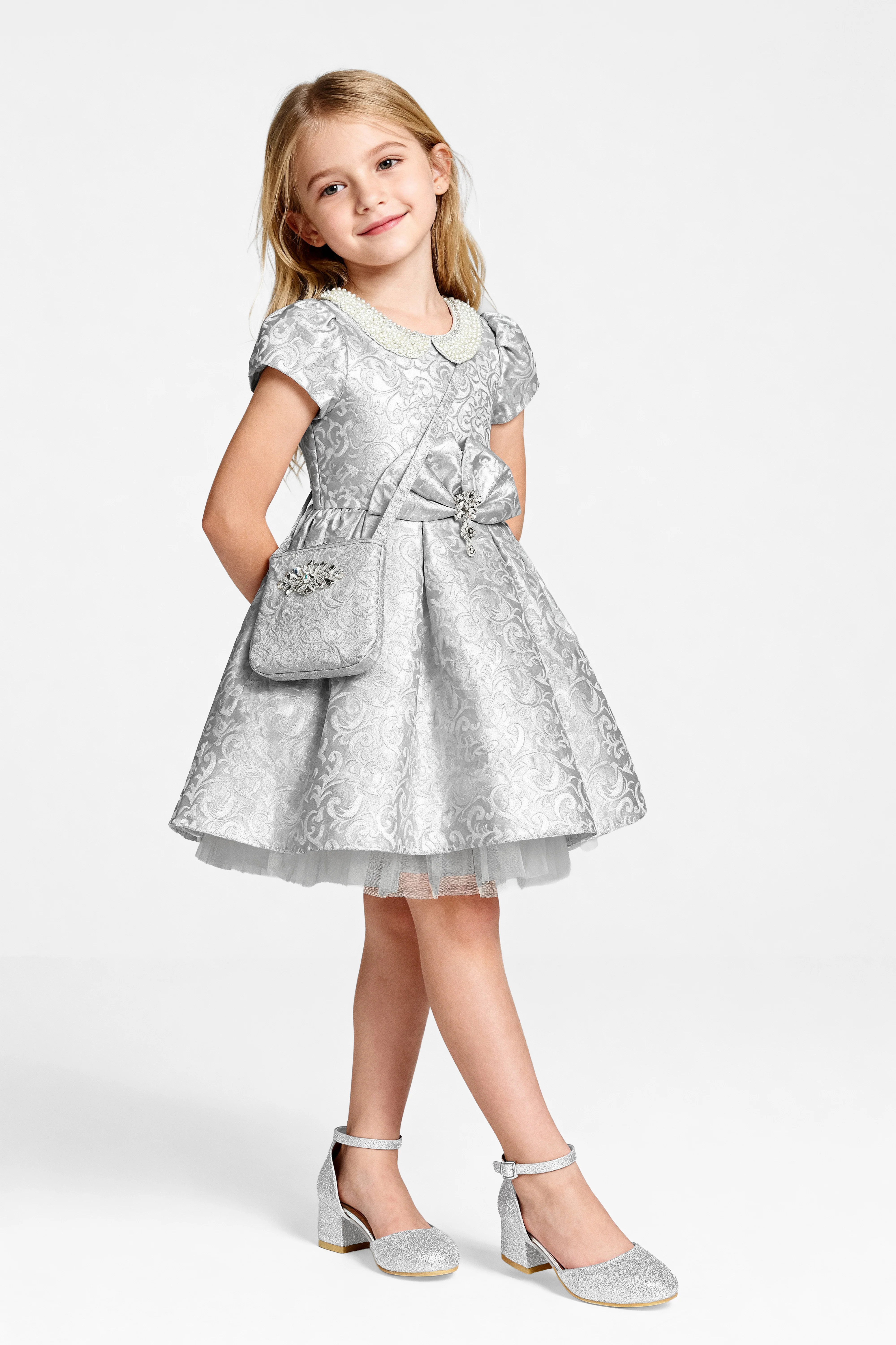 Babies & Girls Peter Pan Collar Brocade Dress - Silver - Image 3