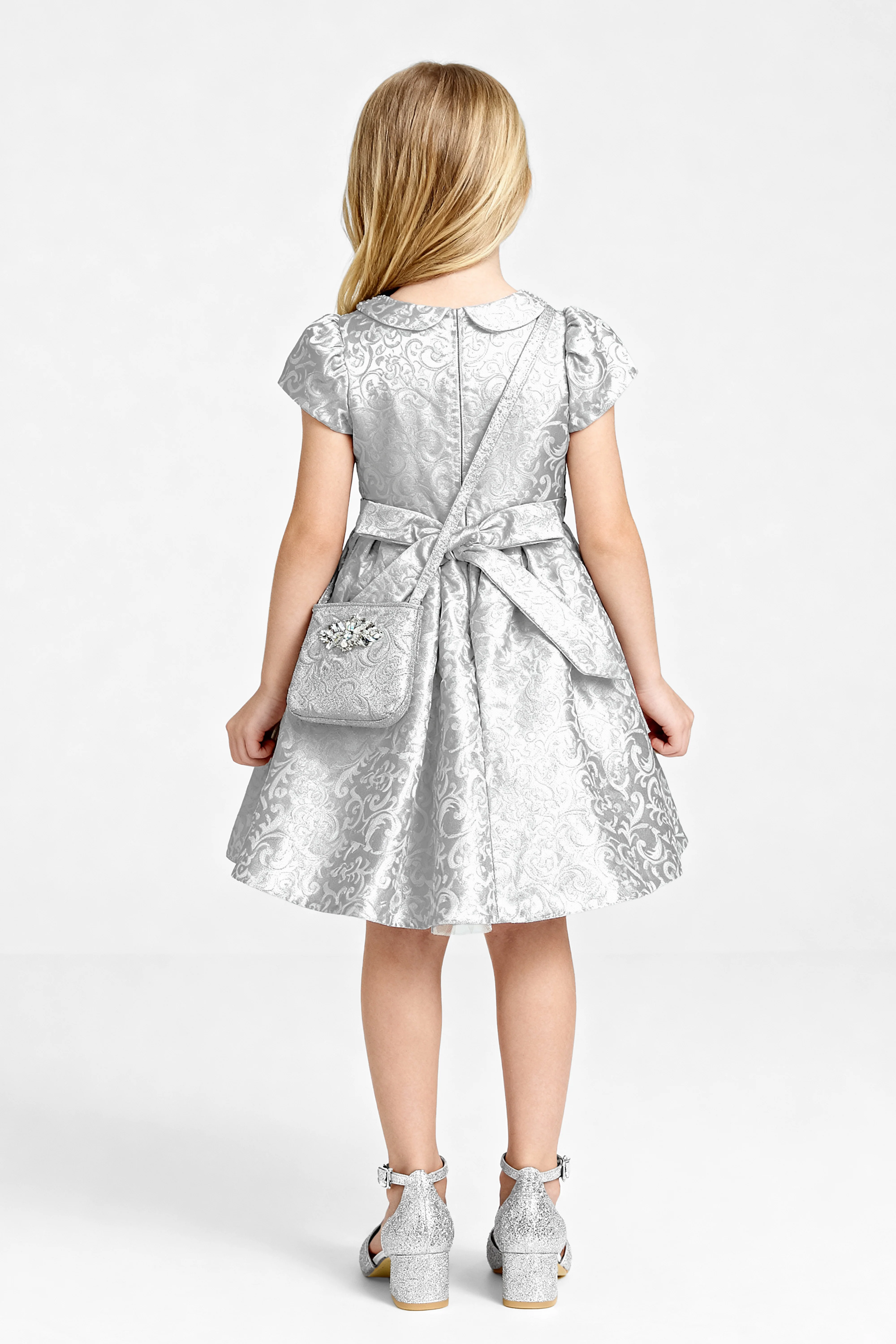 Babies & Girls Peter Pan Collar Brocade Dress - Silver - Image 4