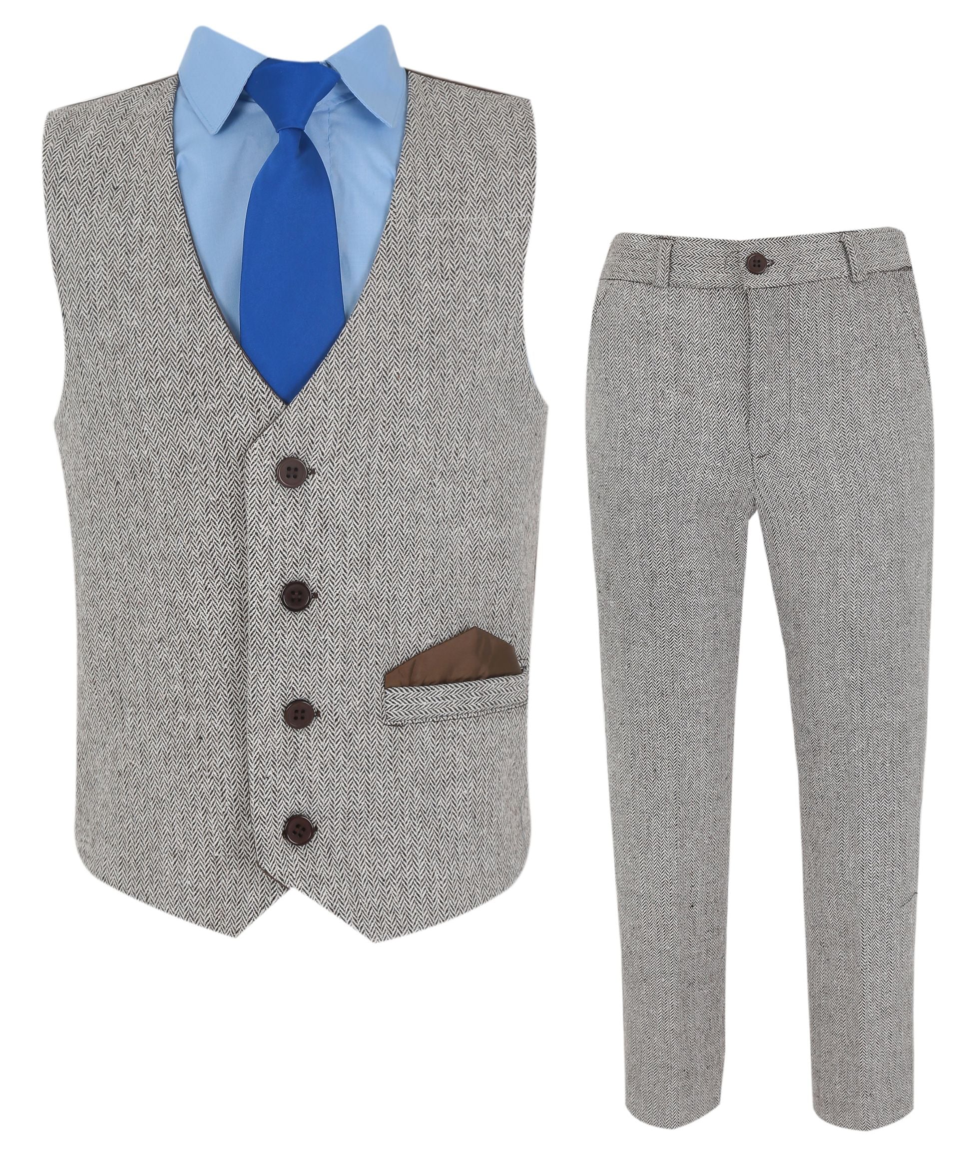 Boys Herringbone Tweed Waistcoat Suit Set - Light Brown - Image 4