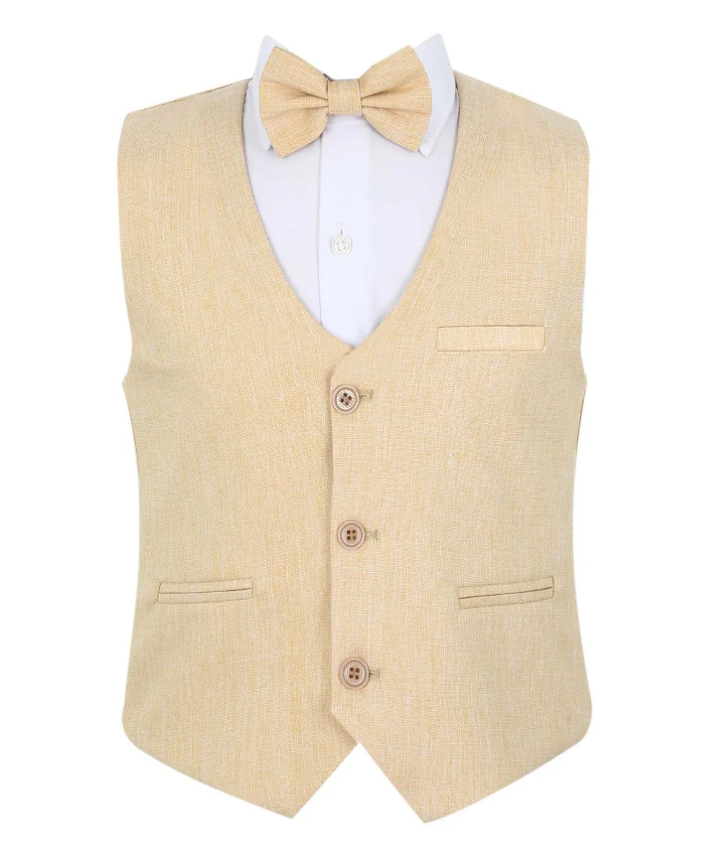 Baby Boys Cotton Linen Waistcoat Suit Set 3 Piece - Gold - Image 3