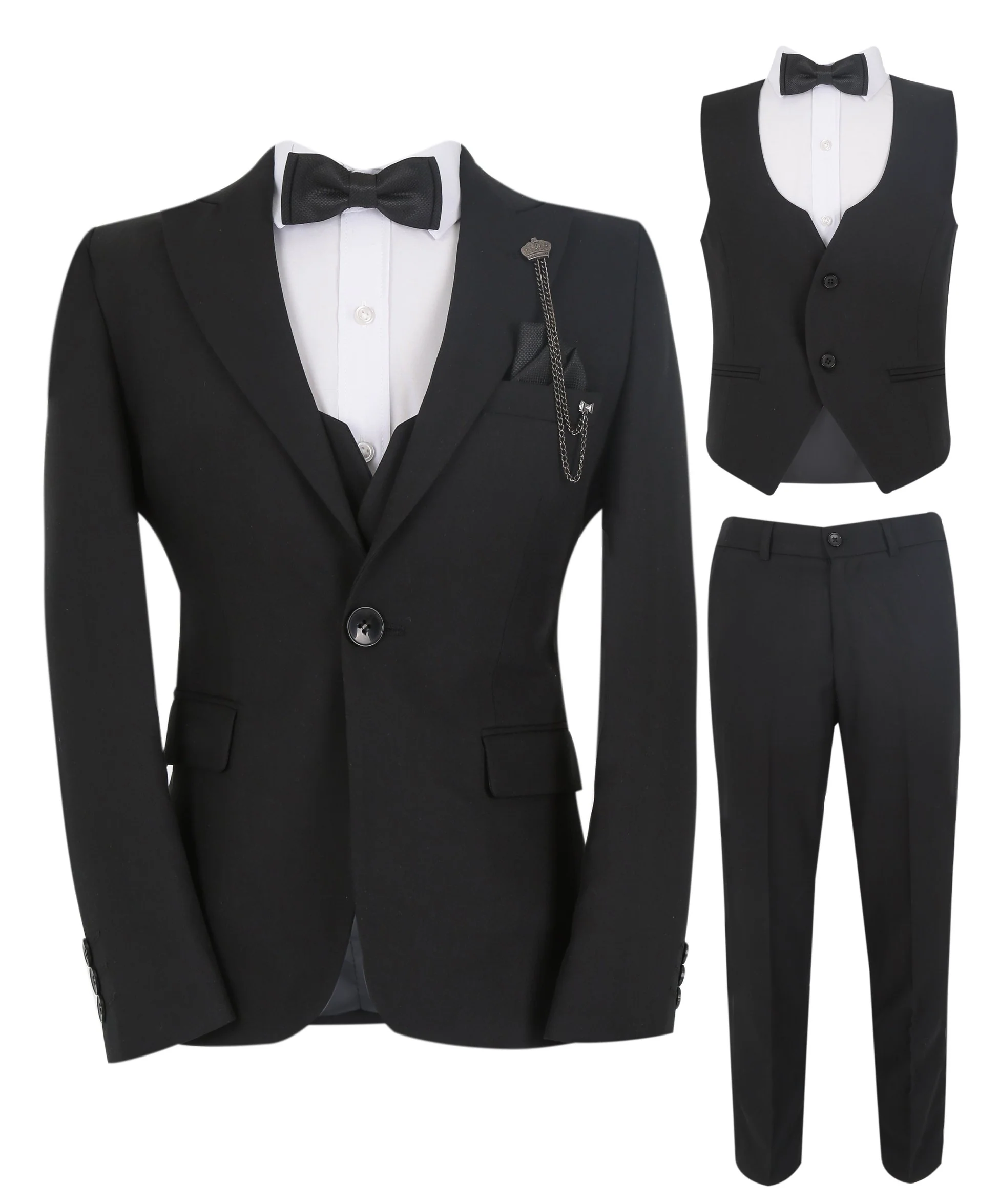 Boys Slim Fit Herringbone 8 Piece Suit Set - KING - Black - Image 8