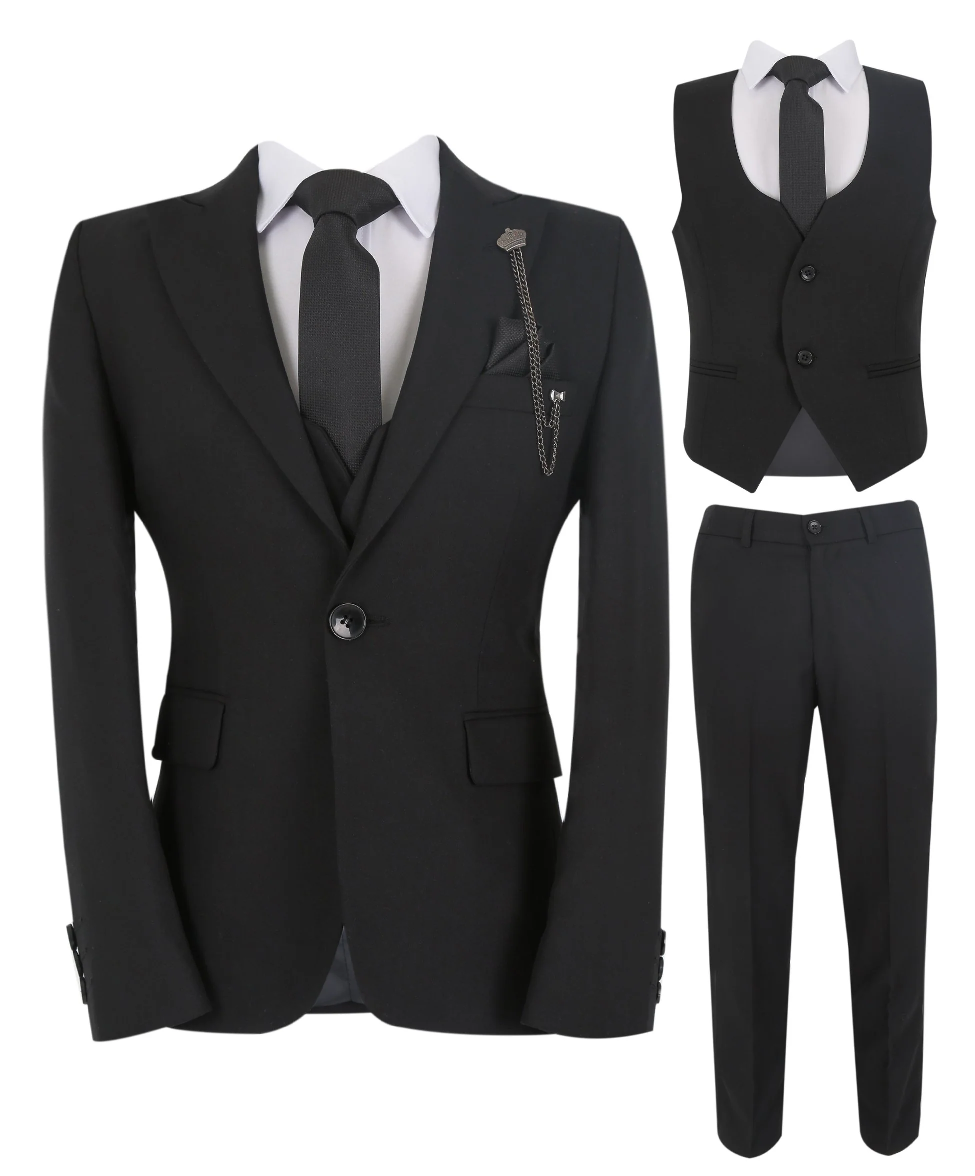 Boys Slim Fit Herringbone 8 Piece Suit Set - KING - Black - Image 9