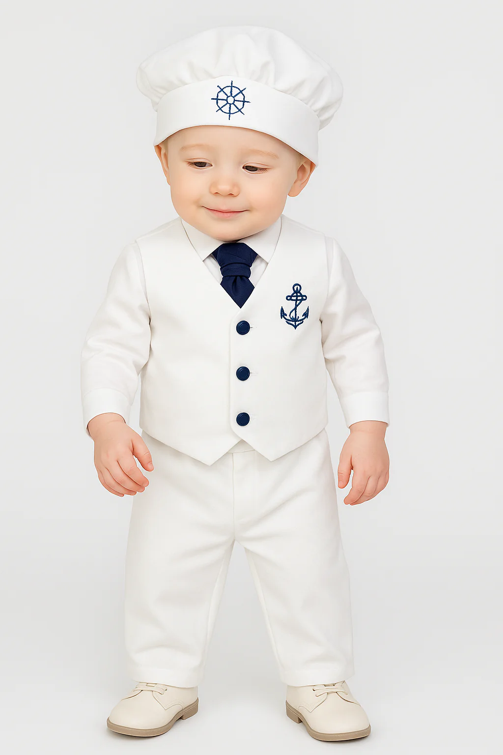 Baby Boys 5 Piece Sailor Christening Suit - NELSON - White & Navy Blue