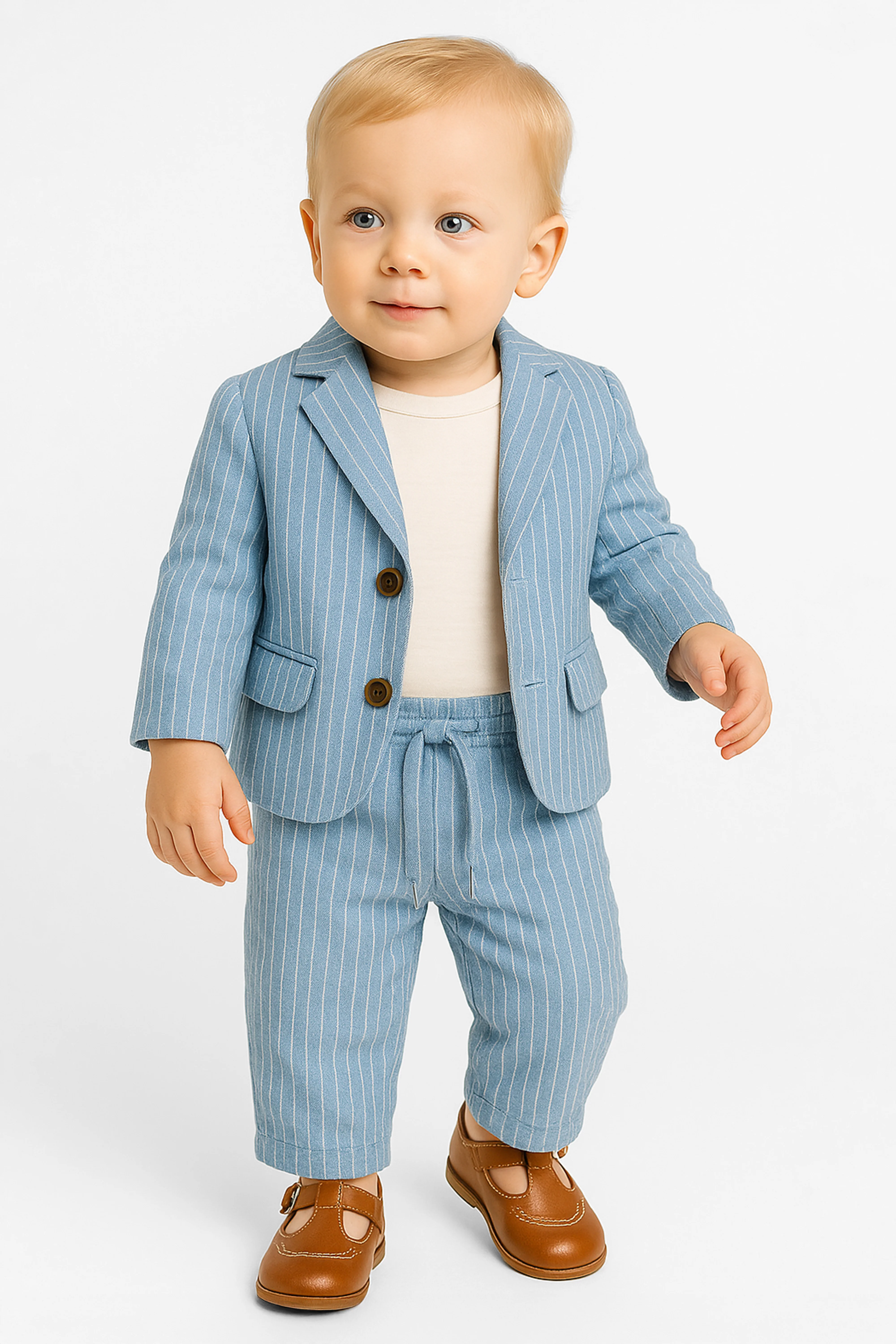 Baby Boys’ Cotton-Linen 3-Piece Pinstripe Suit - SALAS - Blue