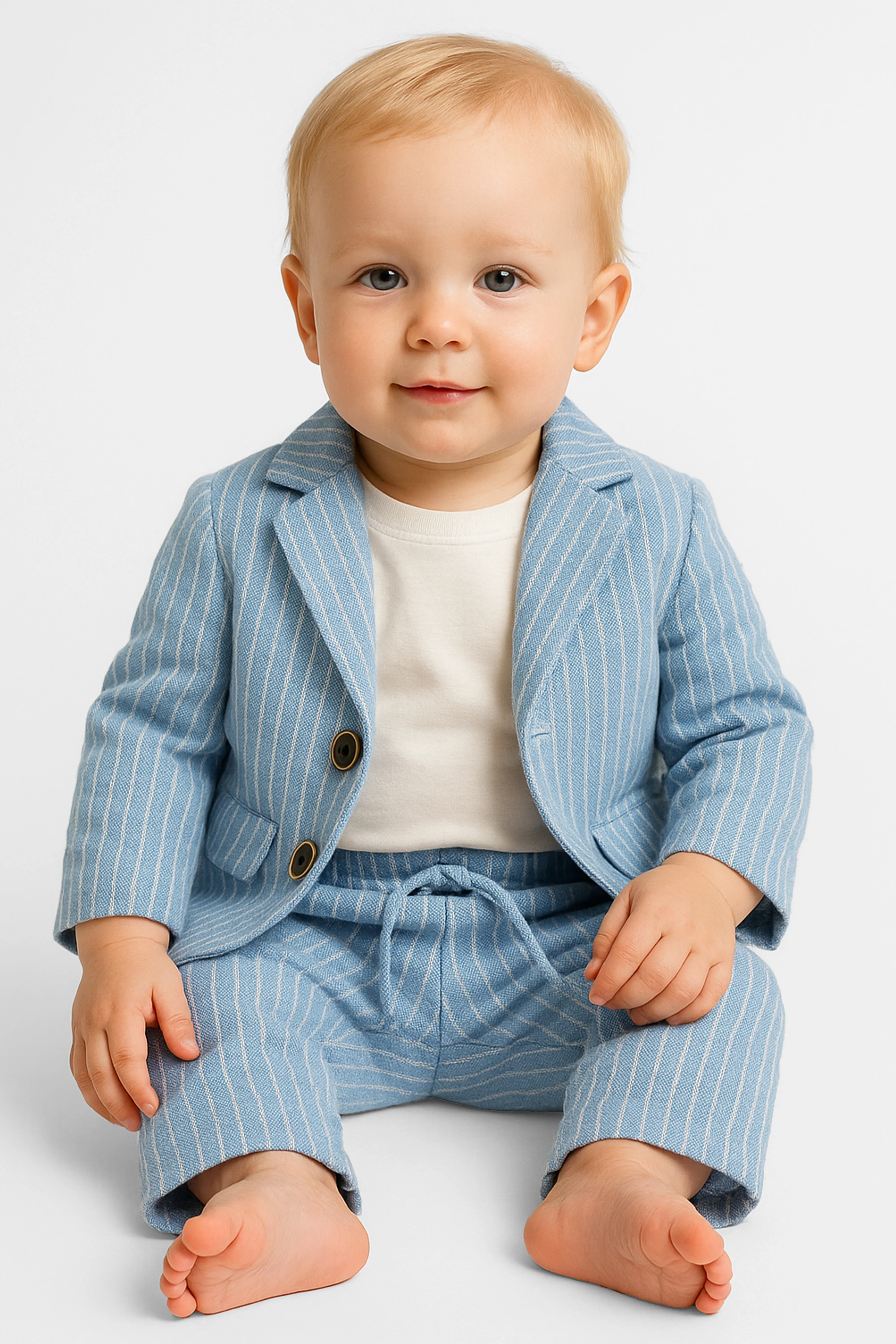 Baby Boys’ Cotton-Linen 3-Piece Pinstripe Suit - SALAS - Blue - Image 3