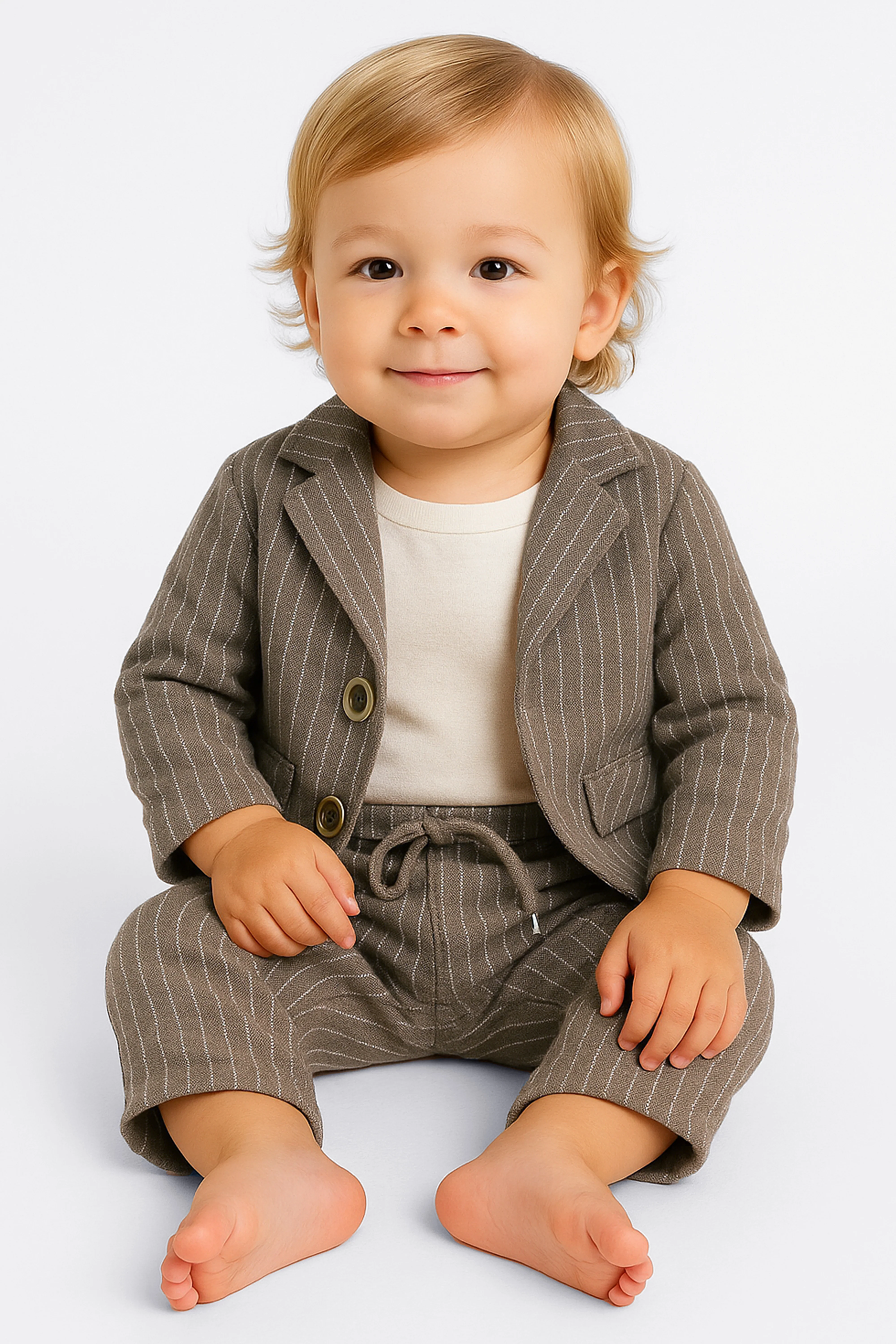 Baby Boys’ Cotton-Linen 3-Piece Pinstripe Suit - SALAS - Brown - Image 3