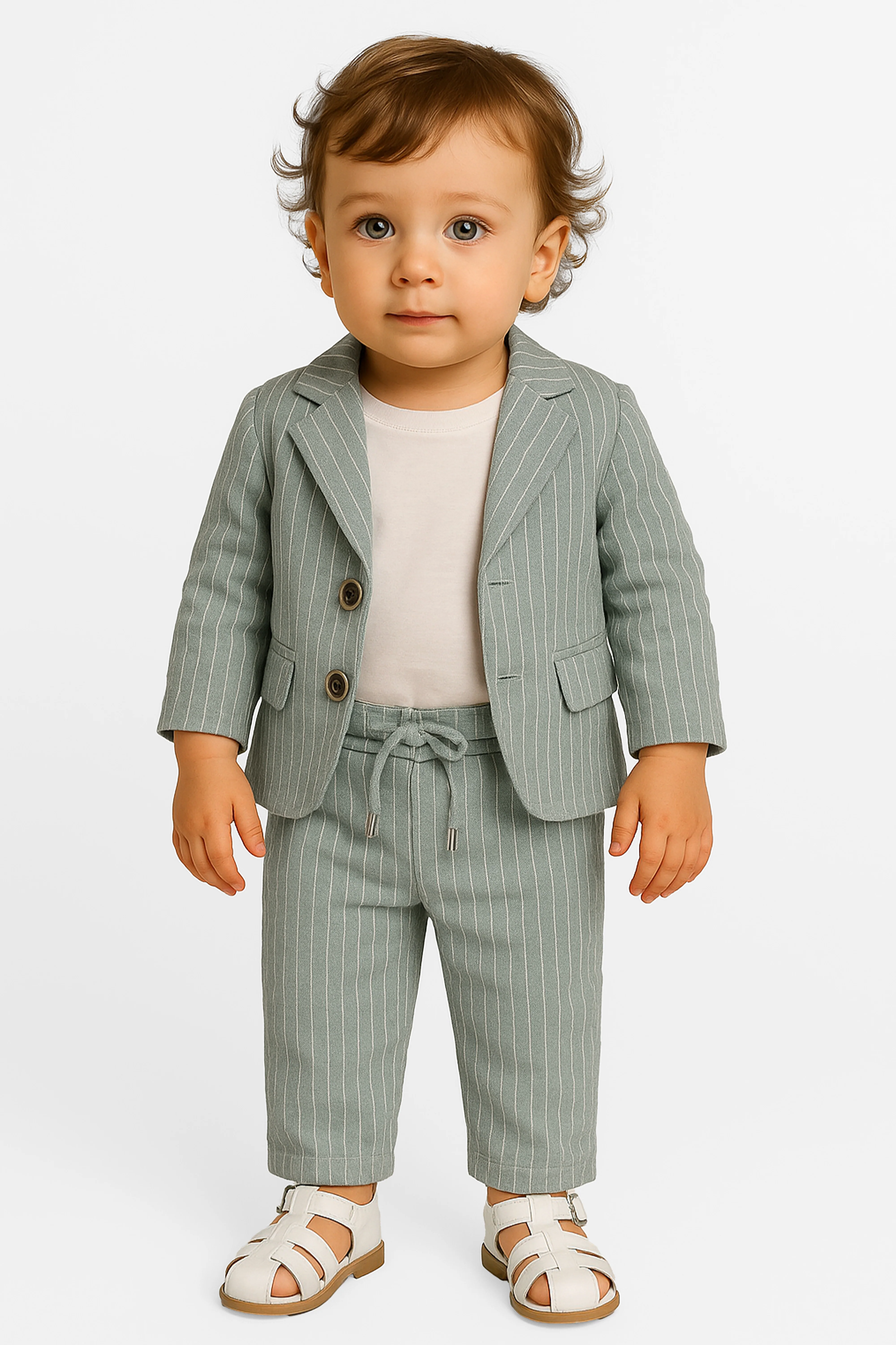 Baby Boys’ Cotton-Linen 3-Piece Pinstripe Suit - SALAS - Sage Green