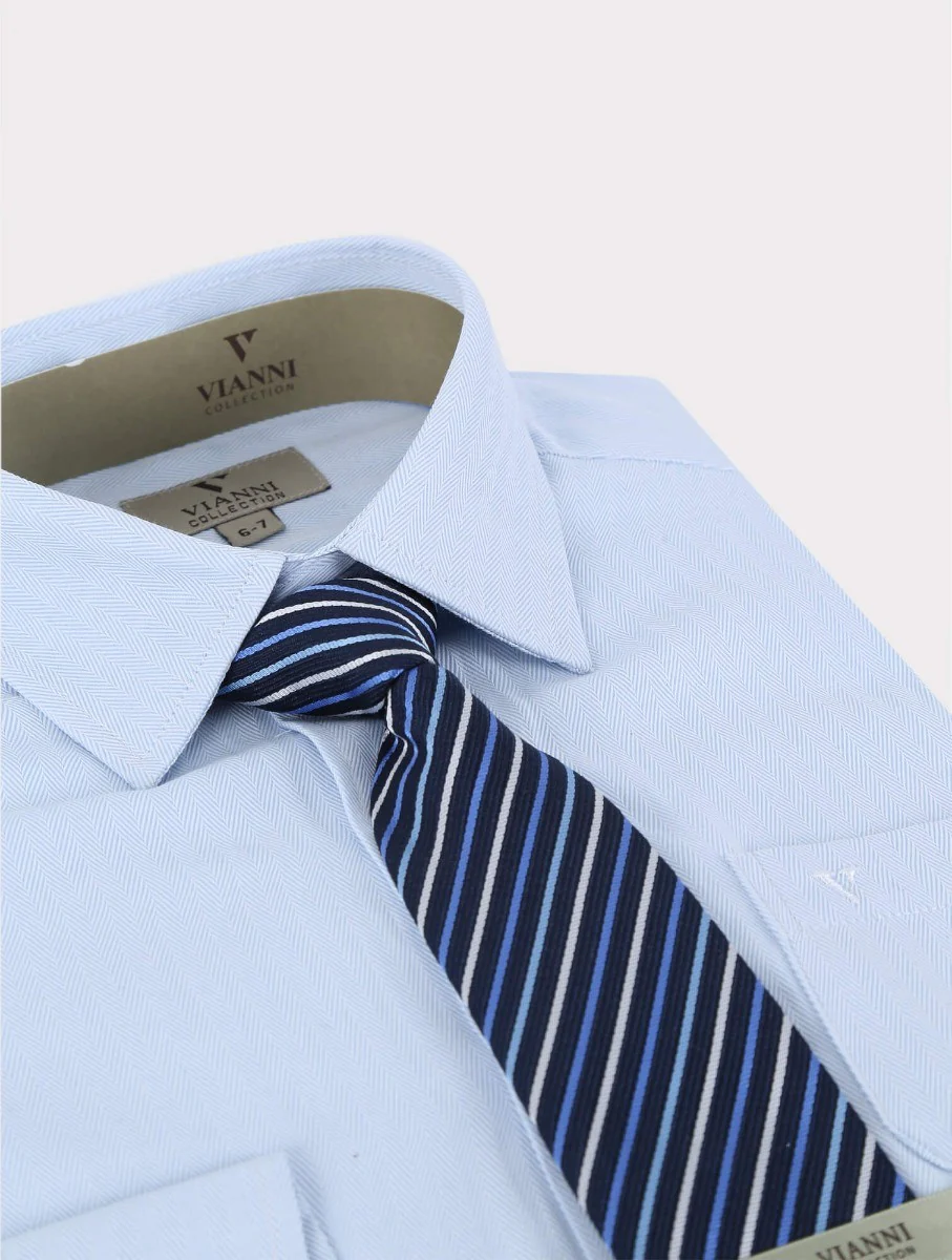 Boys Cotton Formal Sky Blue Shirt with Patterned Tie & Hanky Set - Sky Blue with Patterned Tie - Image 2