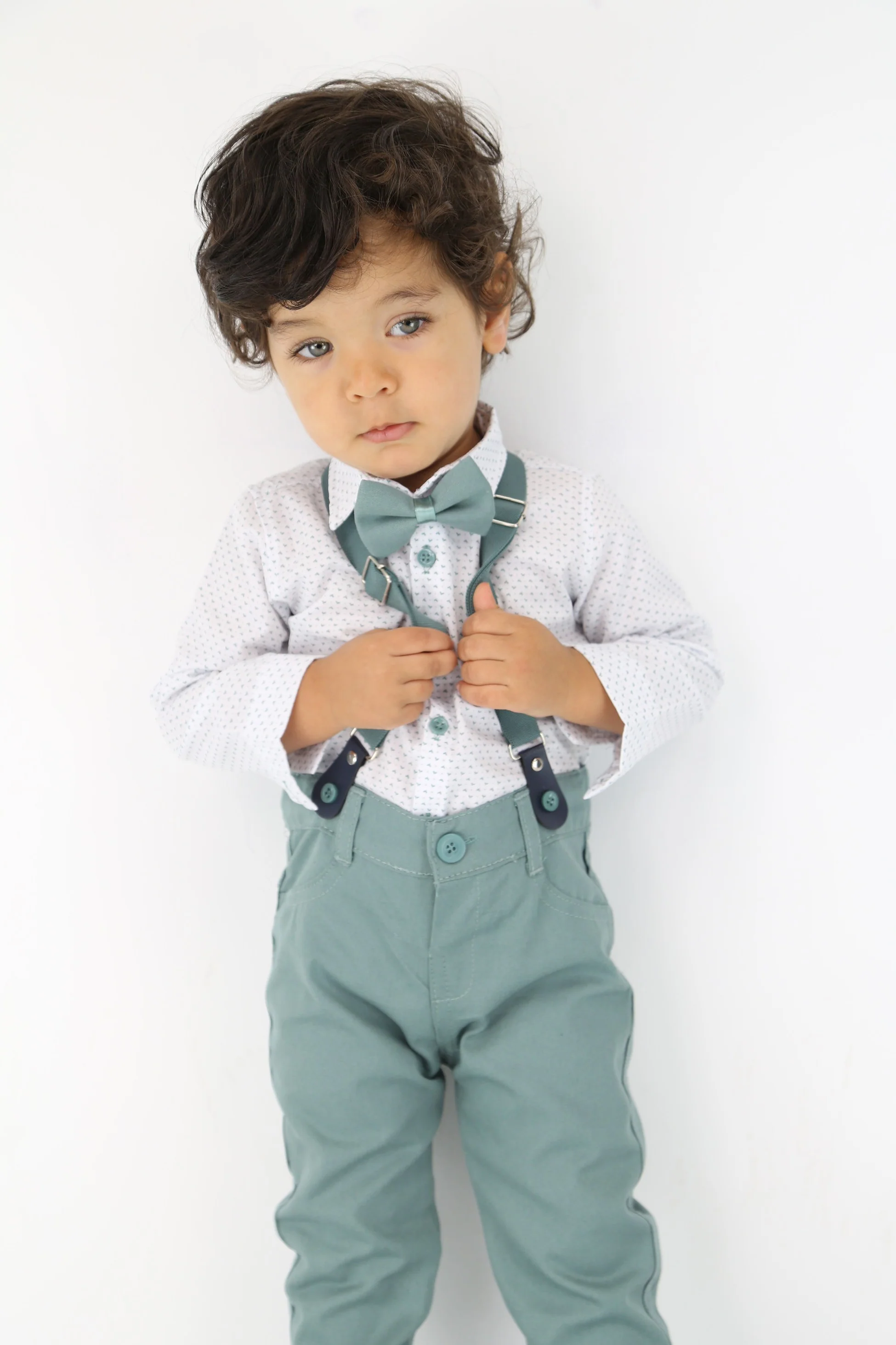 Baby Boys Gentleman Outfit - 4 PC Suspenders Pant Suit Set - BIRD - Green - Image 2