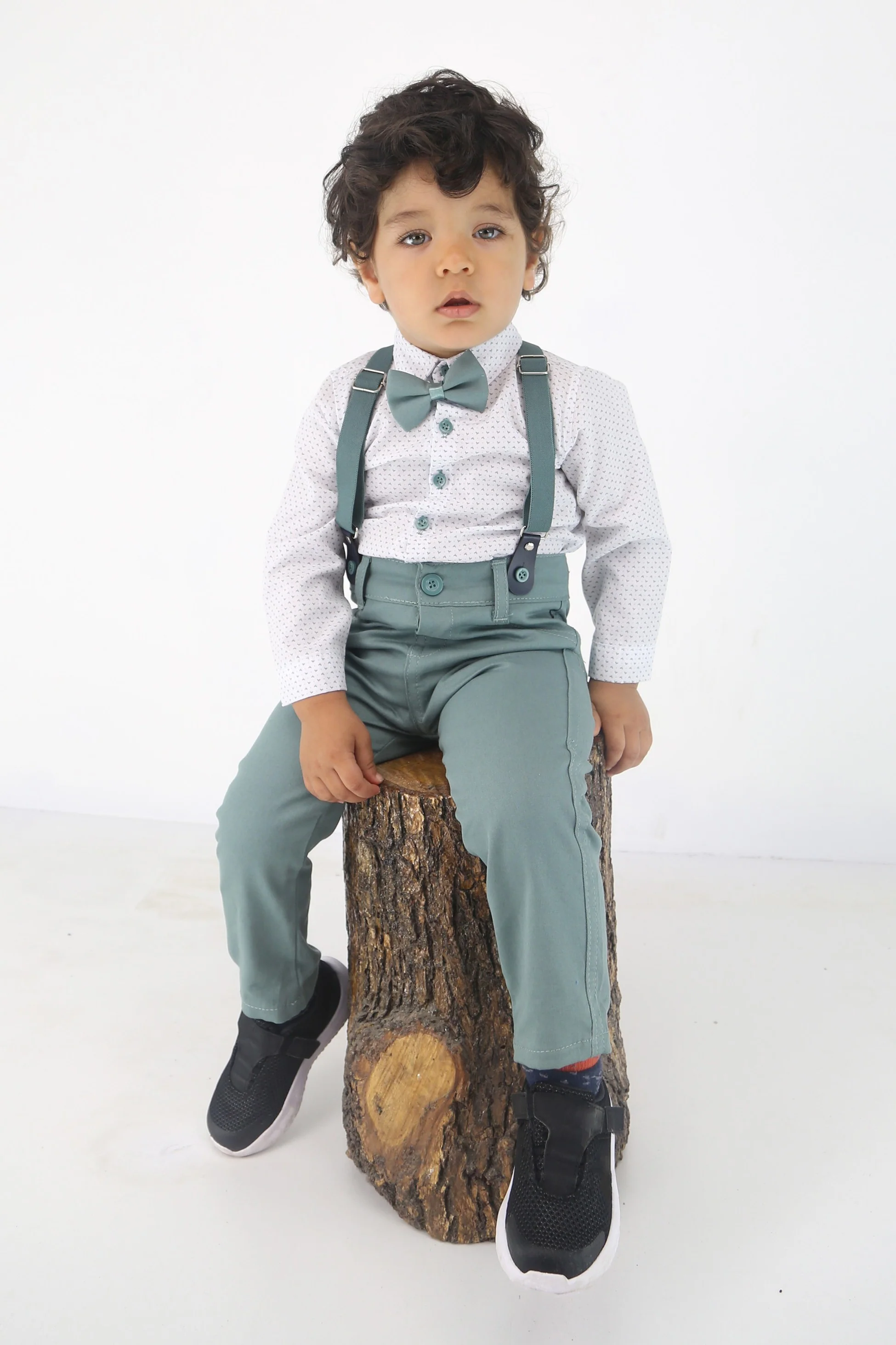 Baby Boys Gentleman Outfit - 4 PC Suspenders Pant Suit Set - BIRD - Green - Image 3