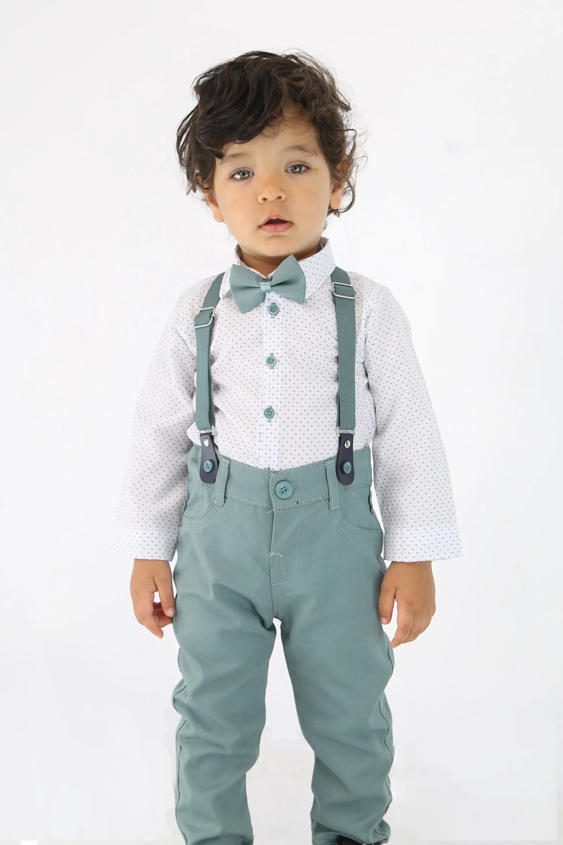 Baby Boys Gentleman Outfit - 4 PC Suspenders Pant Suit Set - BIRD - Green - Image 4