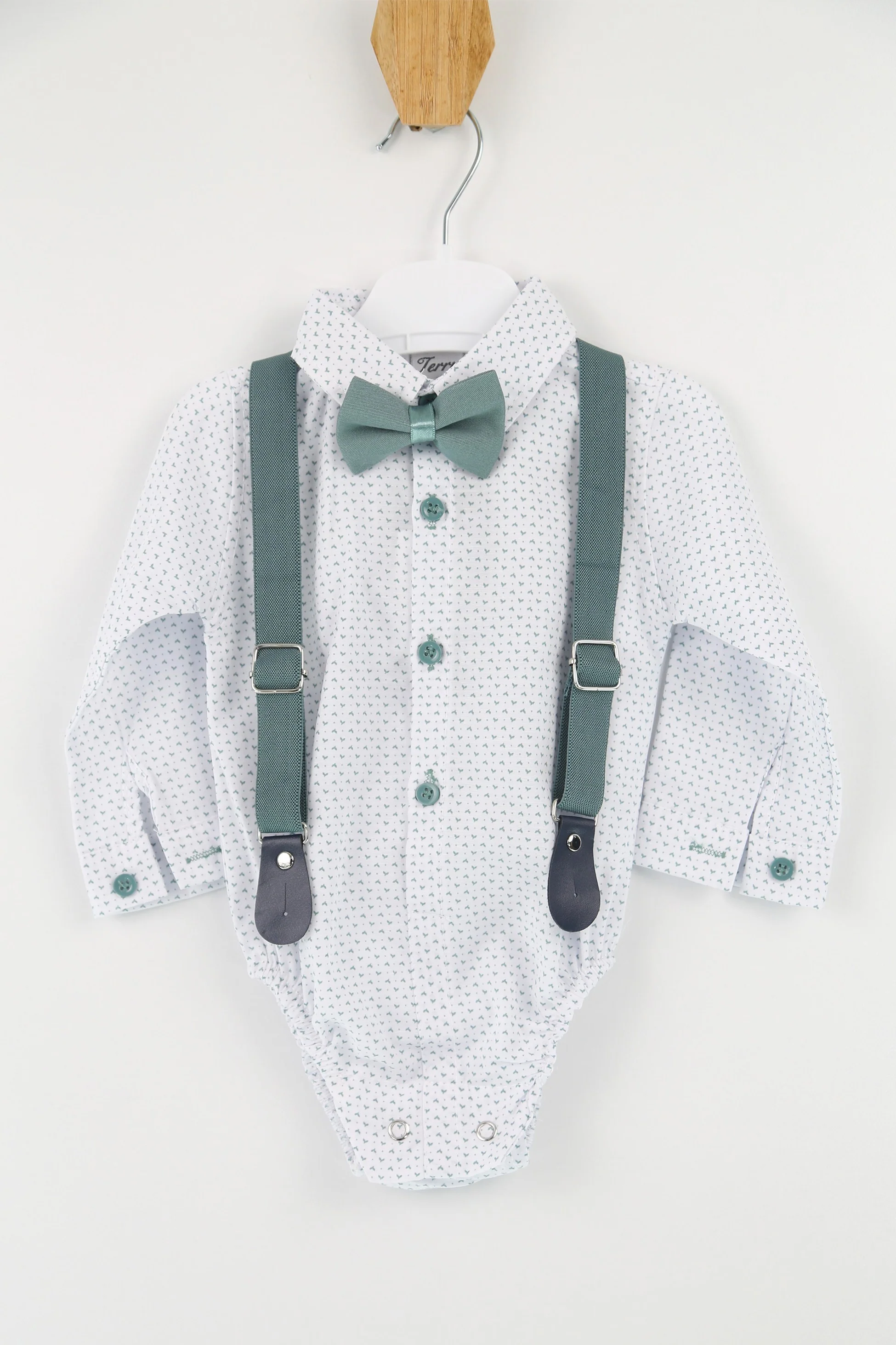 Baby Boys Gentleman Outfit - 4 PC Suspenders Pant Suit Set - BIRD - Green - Image 6