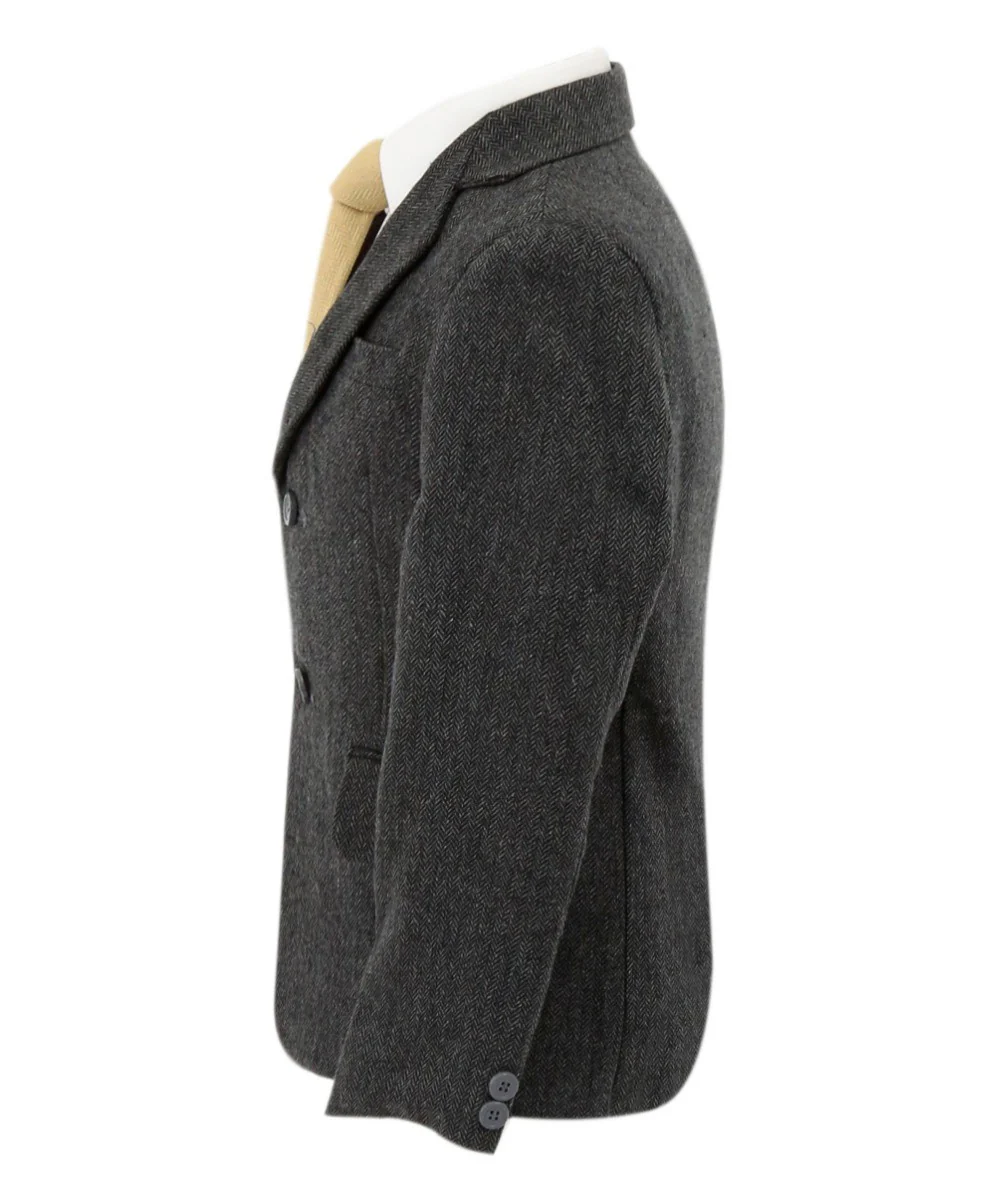 Boys Herringbone Tweed Formal Blazer - Dark Grey - Image 5