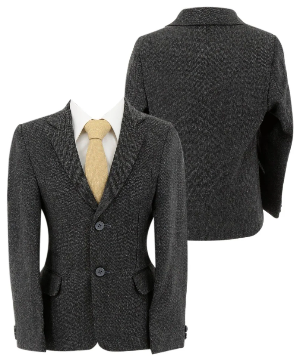 Boys Herringbone Tweed Formal Blazer - Dark Grey - Image 6