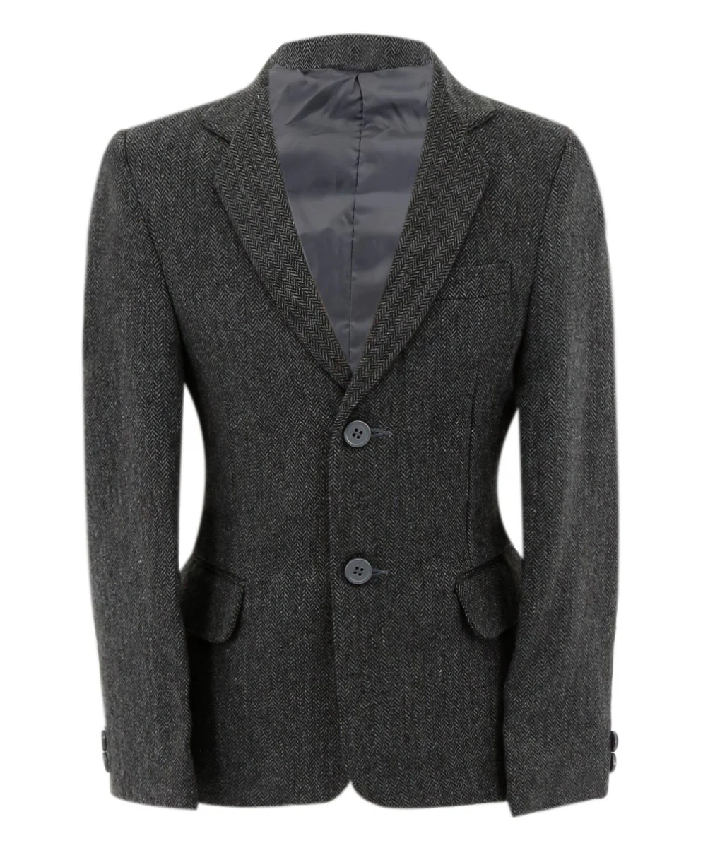 Boys Herringbone Tweed Formal Blazer - Dark Grey - Image 8