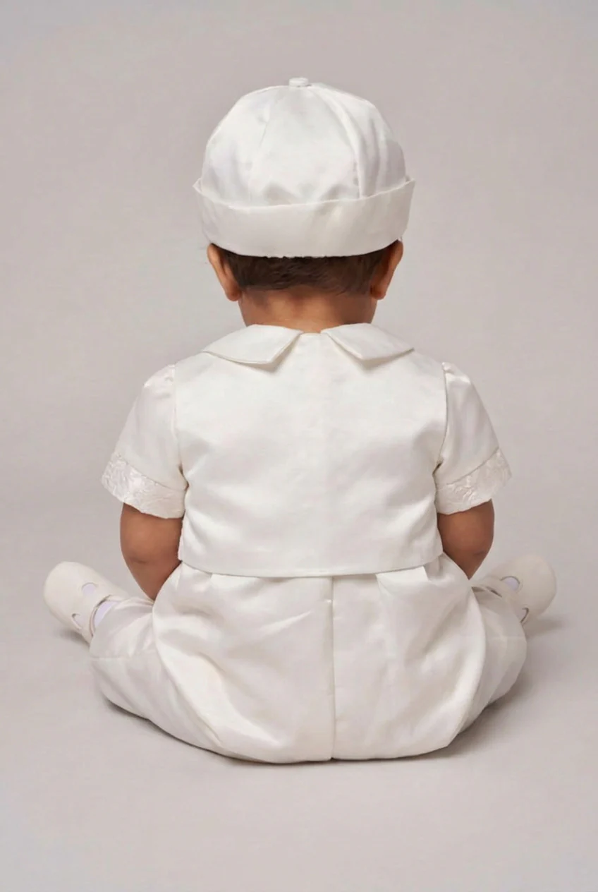Baby Boys Ivory Christening Romper Set with Jacquard Waistcoat & Hat - Image 2