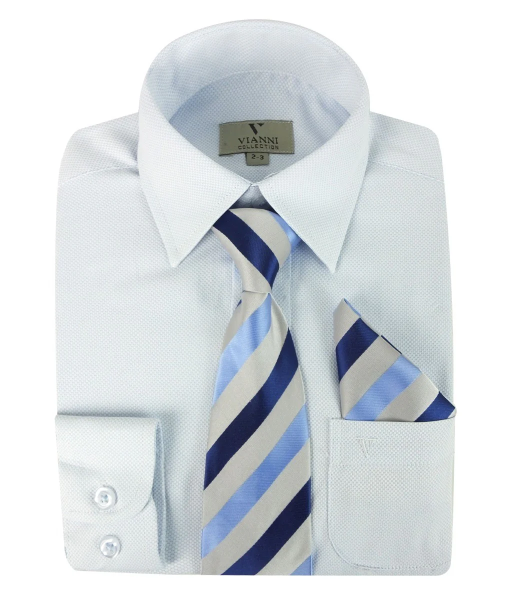 Boys Cotton Blend Long Sleeve Shirt, Tie & Hanky Set - Light Blue- Patterned Tie - Image 2