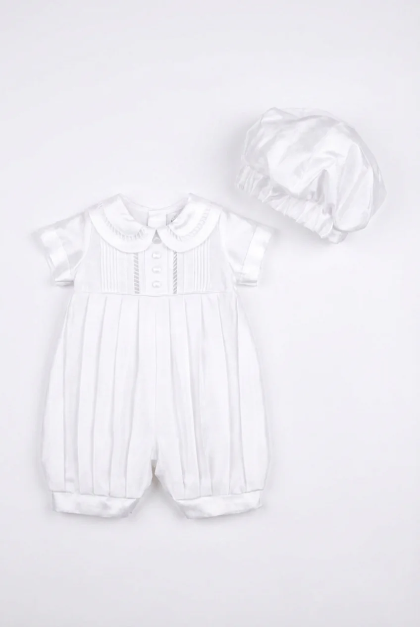 Baby Boys White Christening Satin Romper Set with Peter Pan Collar - Image 3