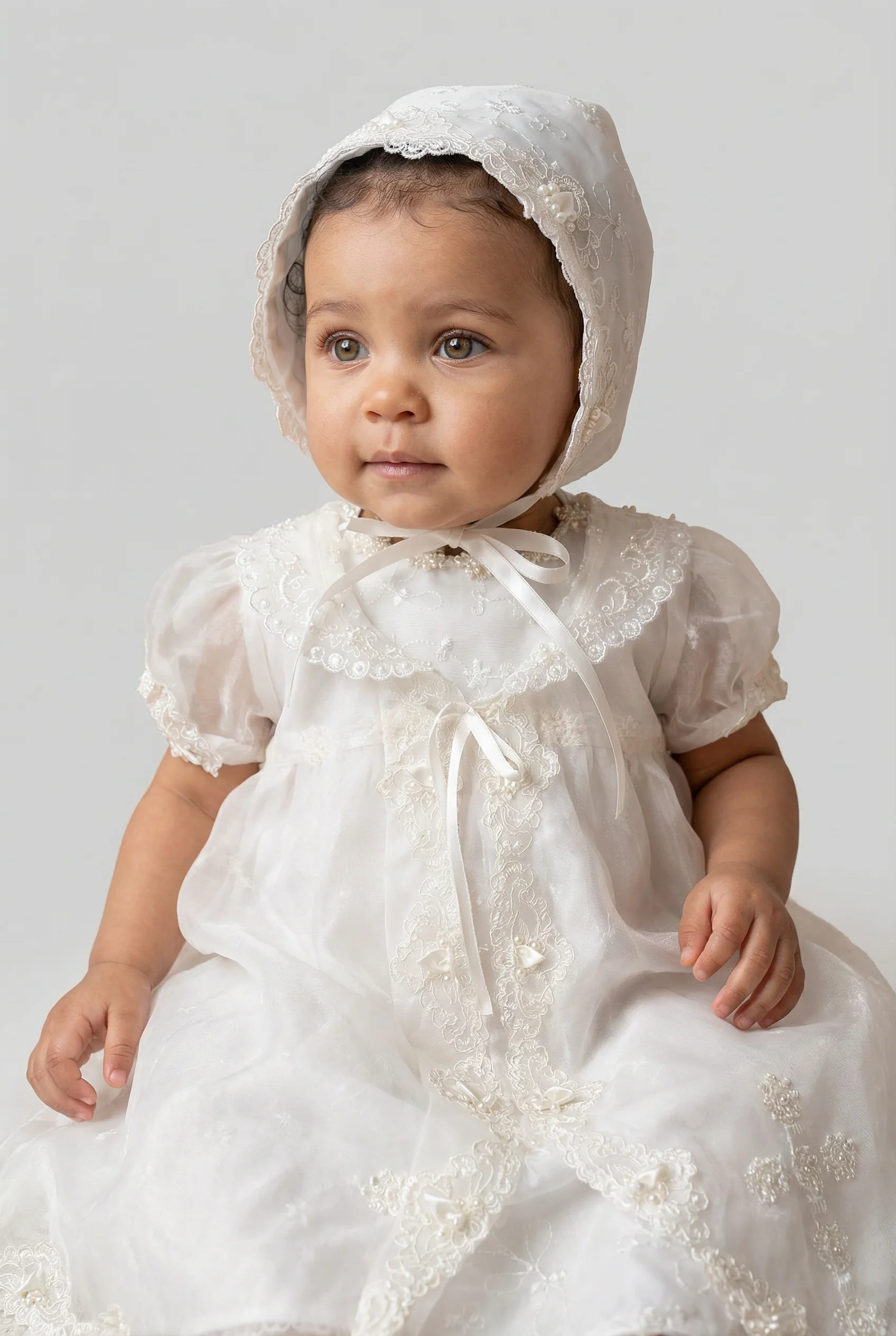 Baby Girls Christening Dress & Bonnet Set with Embroidered Bodice