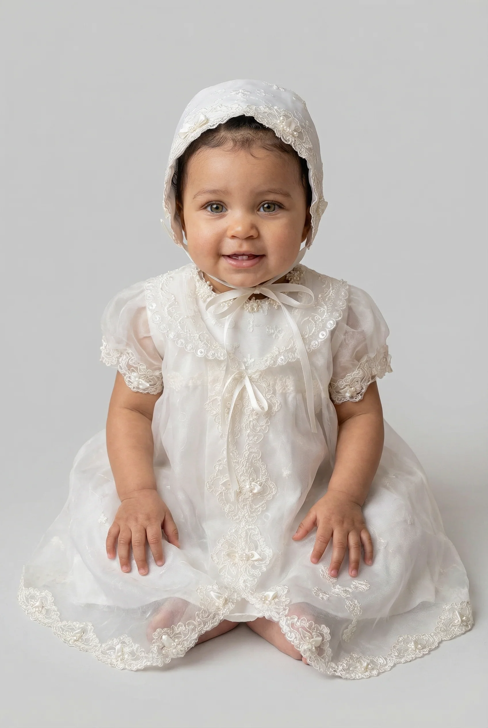 Baby Girls Christening Dress & Bonnet Set with Embroidered Bodice - Image 2