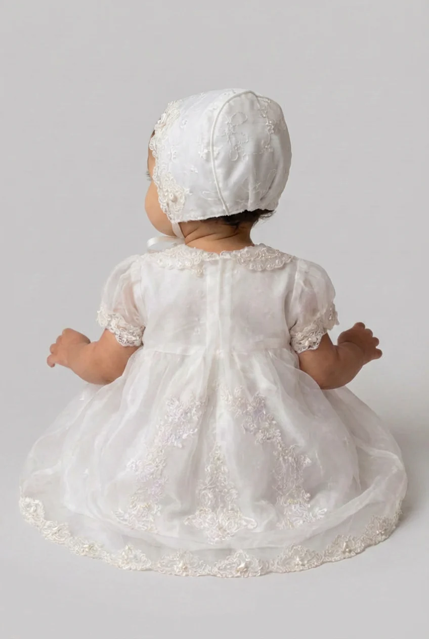 Baby Girls Christening Dress & Bonnet Set with Embroidered Bodice - Image 3