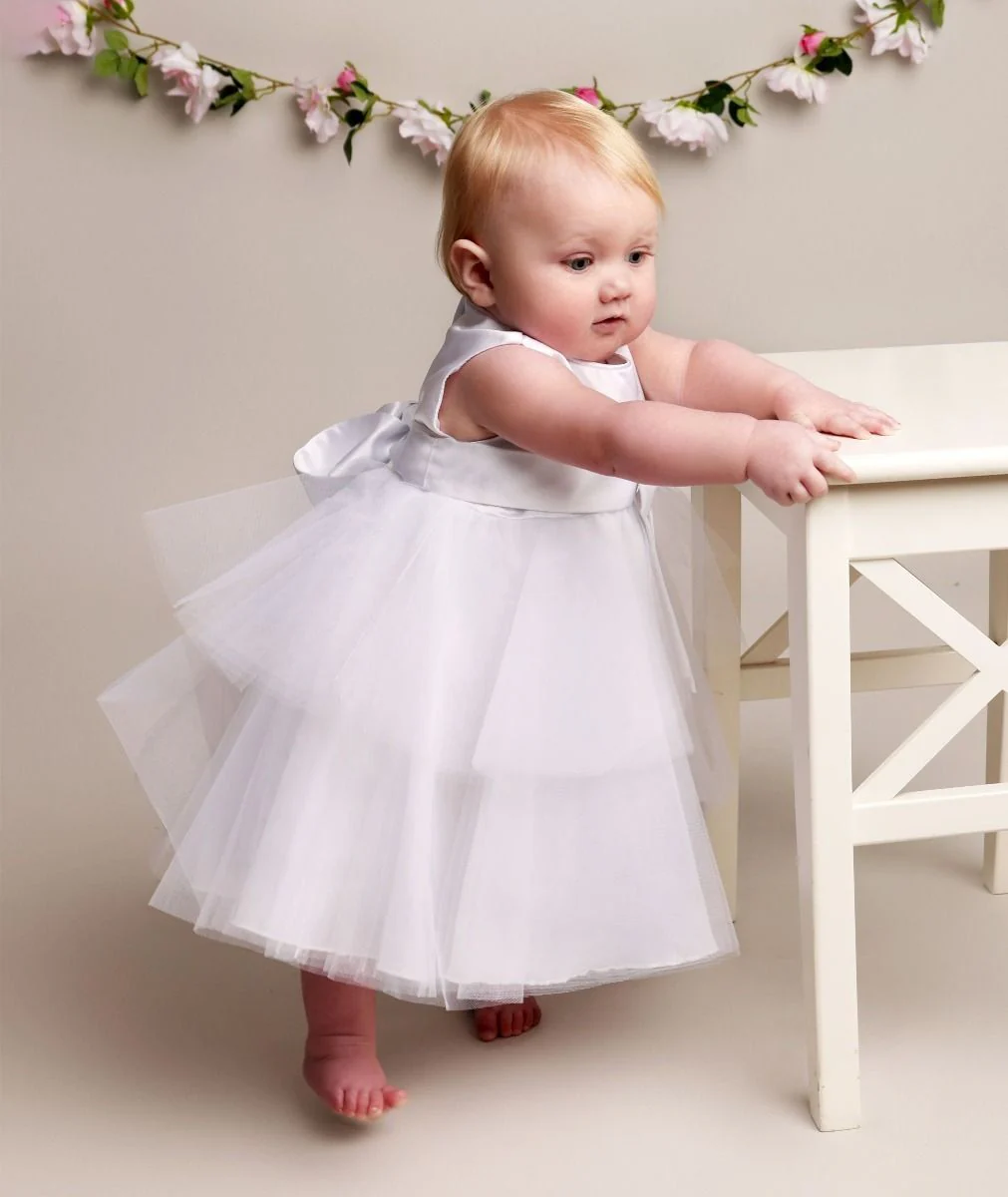 Baby Girls Christening Dress with Satin Bow - K038 - White - Image 2