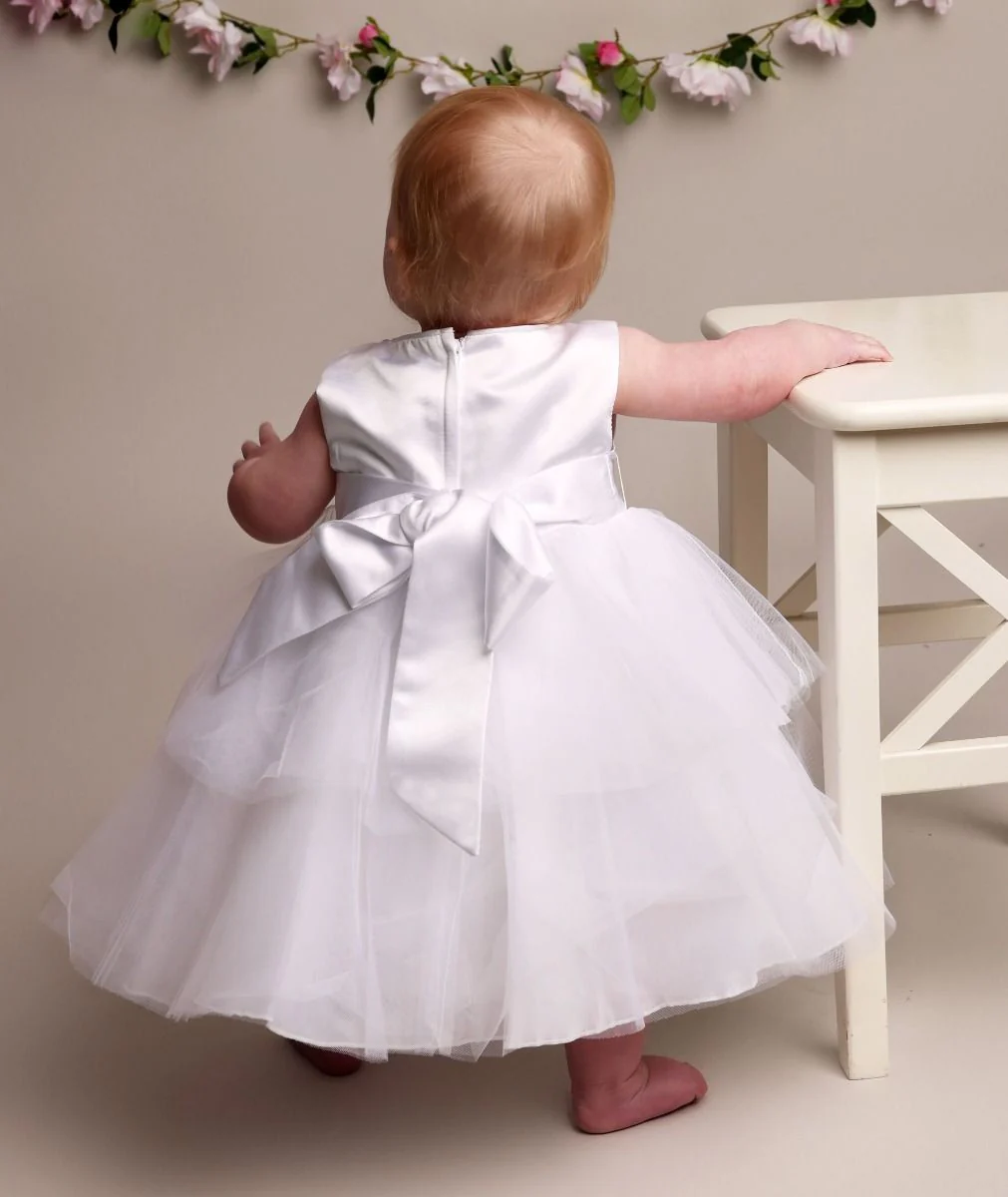 Baby Girls Christening Dress with Satin Bow - K038 - White - Image 3
