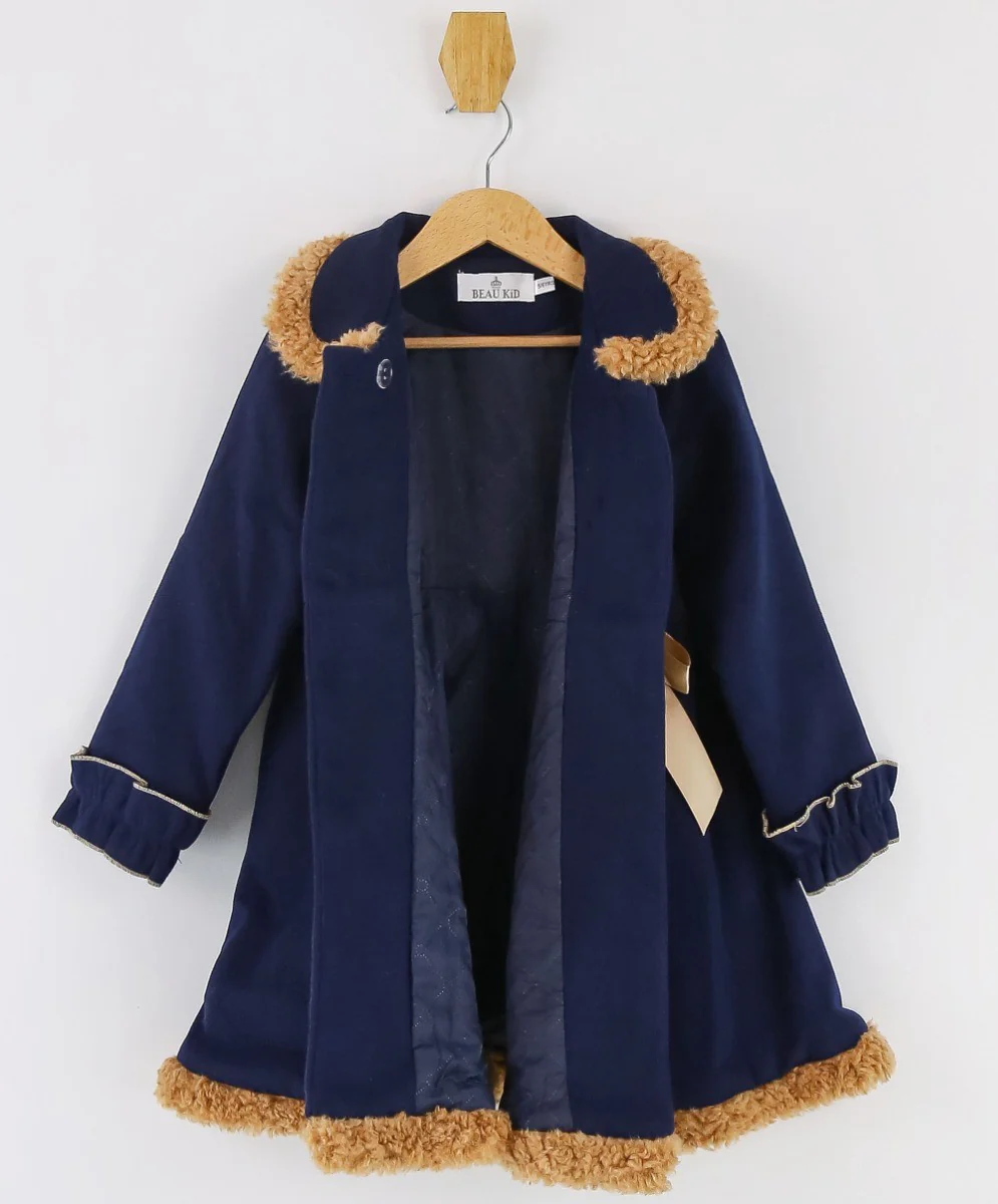 Girls Double-breasted Mid-Length Felted Wool Coat Set - Navy Blue - Image 5