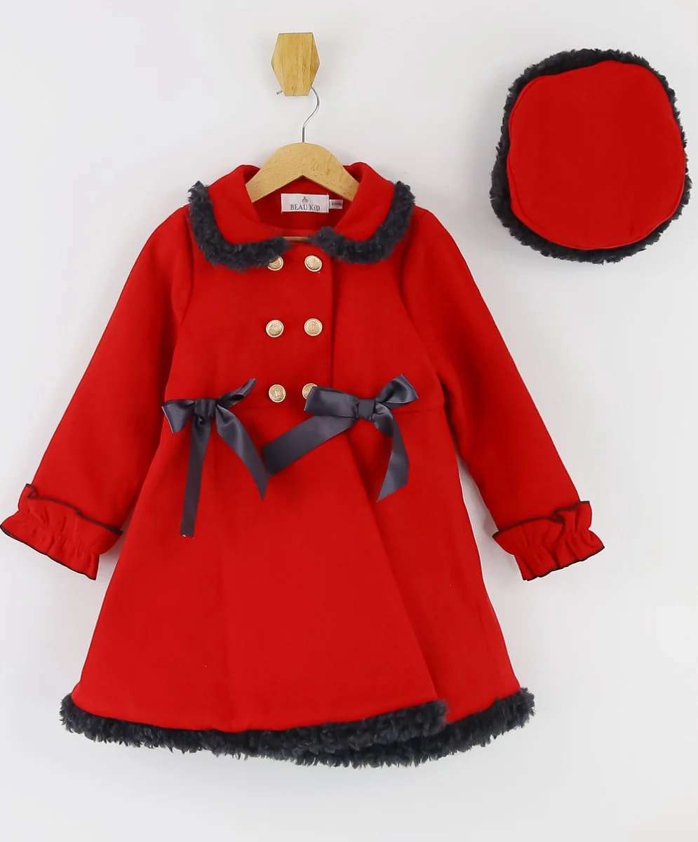 Girls Double-breasted Mid-Length Felted Wool Coat Set - Red - Image 5