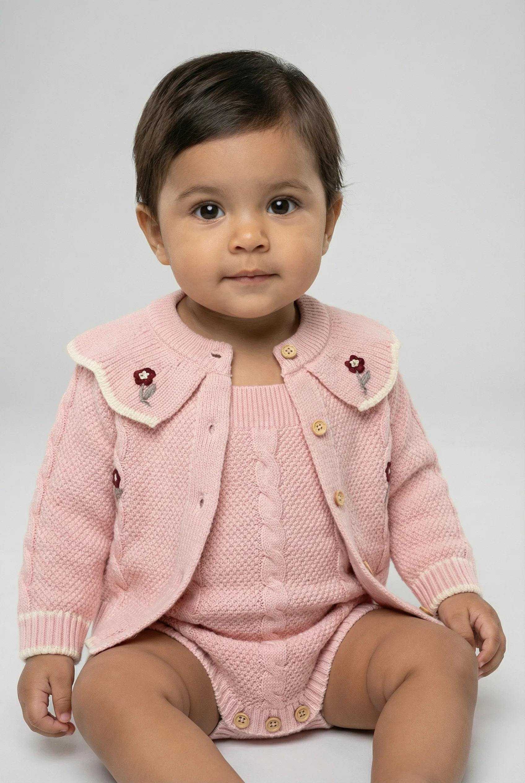 Baby Girls Knit Cardigan & Romper Set with Floral Embroidery