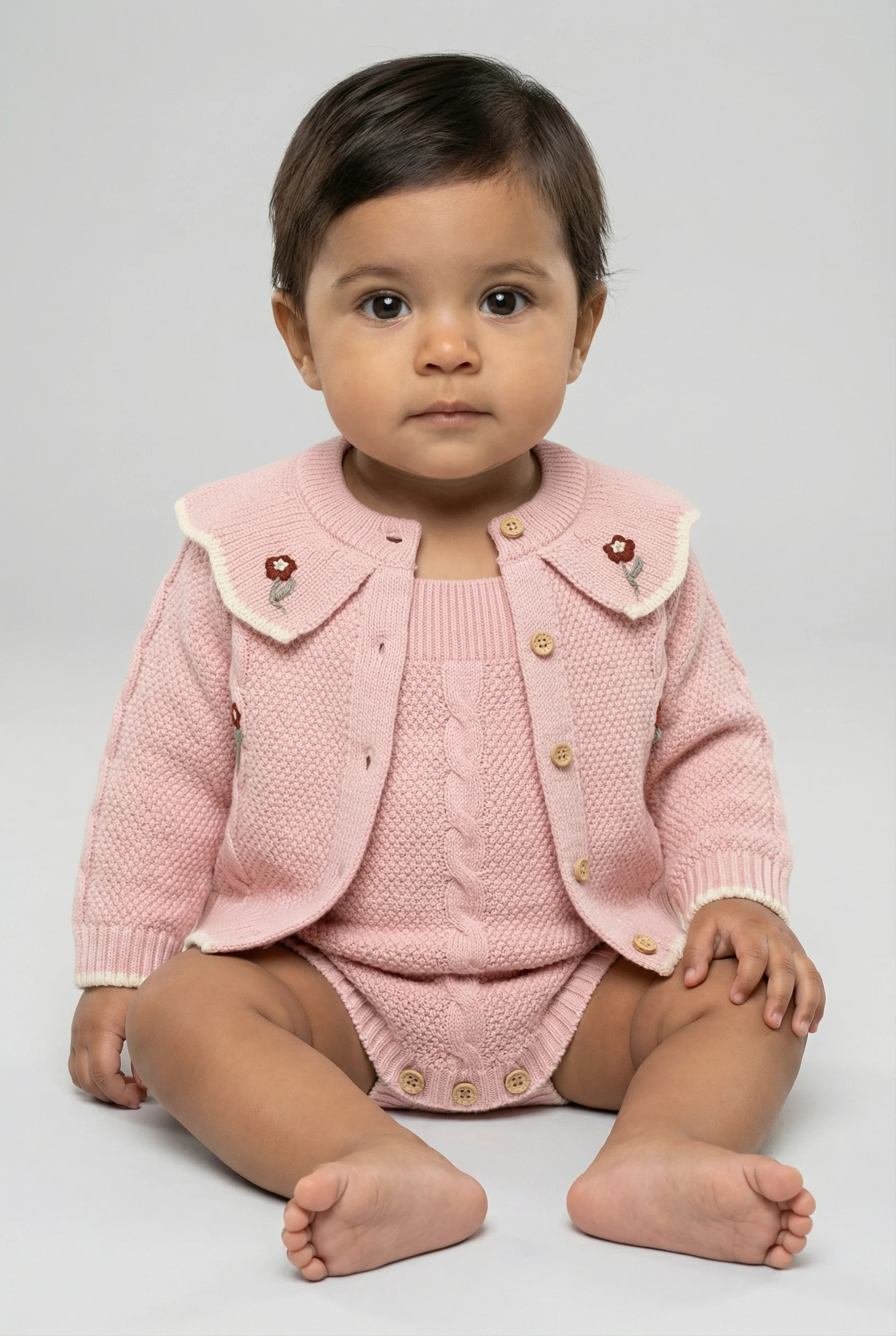 Baby Girls Knit Cardigan & Romper Set with Floral Embroidery - Image 2