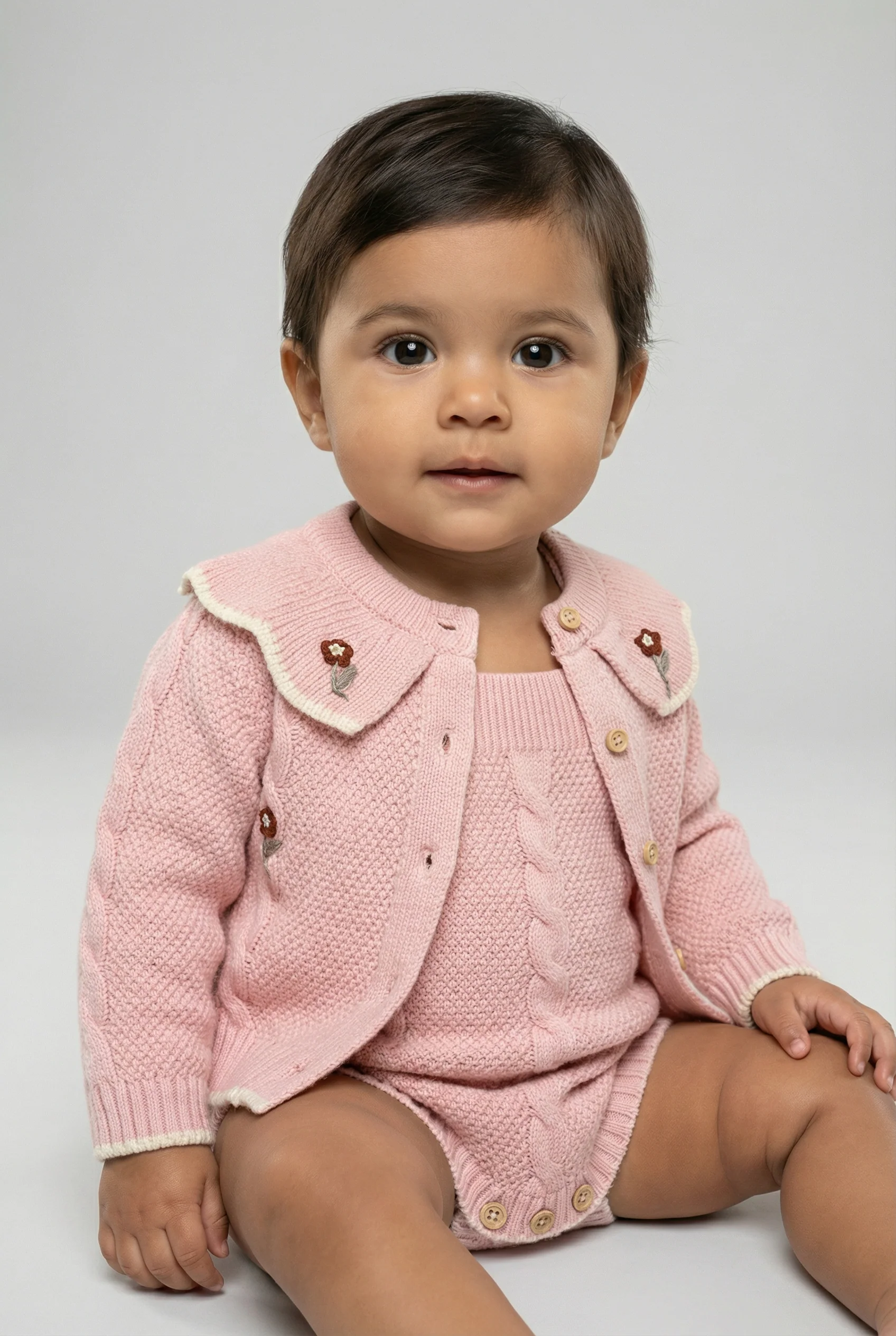 Baby Girls Knit Cardigan & Romper Set with Floral Embroidery - Image 3