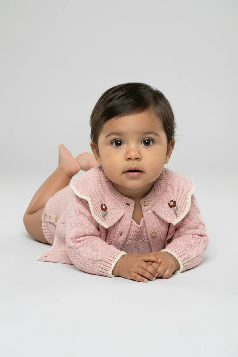 Baby Girls Knit Cardigan & Romper Set with Floral Embroidery - Image 4