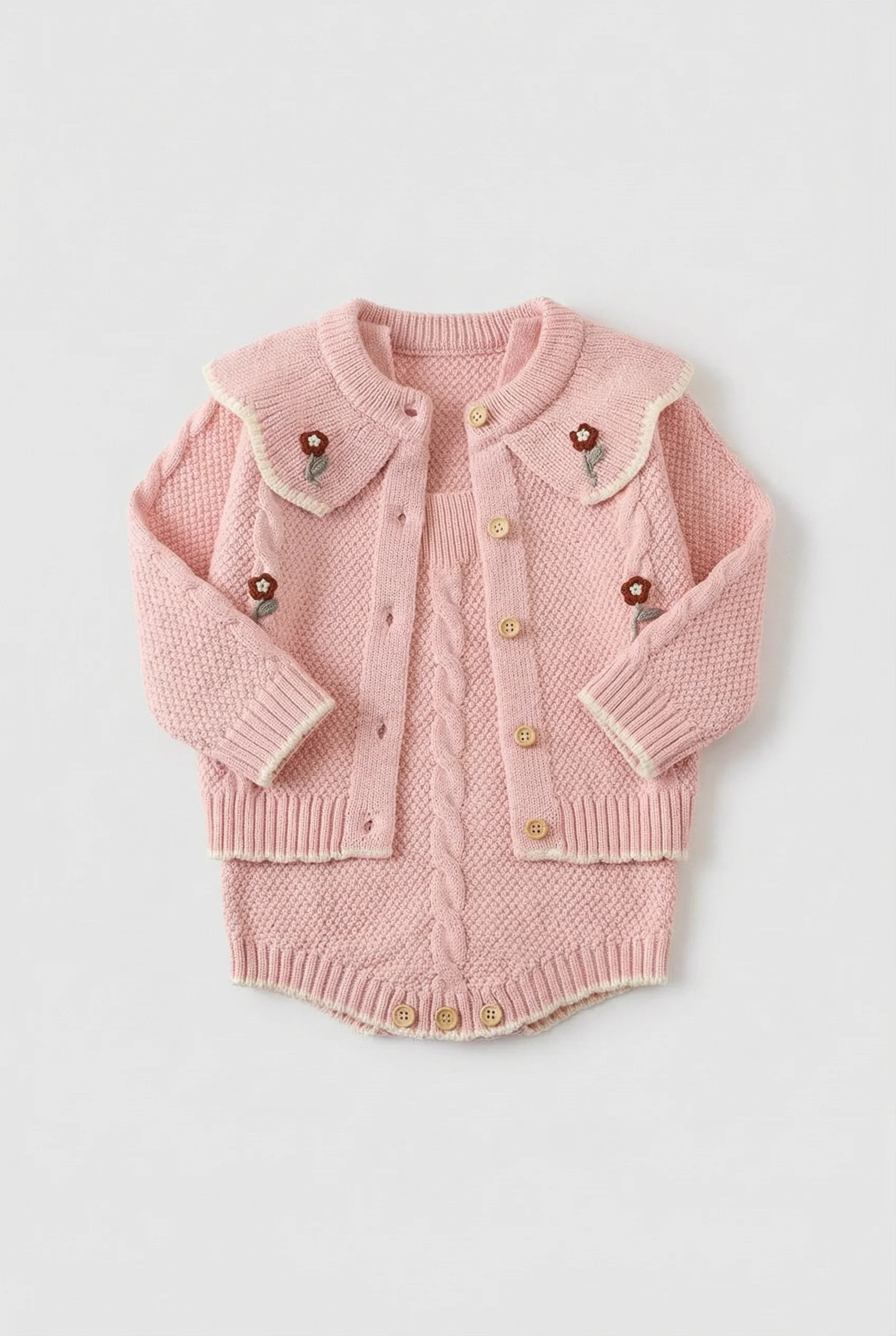 Baby Girls Knit Cardigan & Romper Set with Floral Embroidery - Image 5