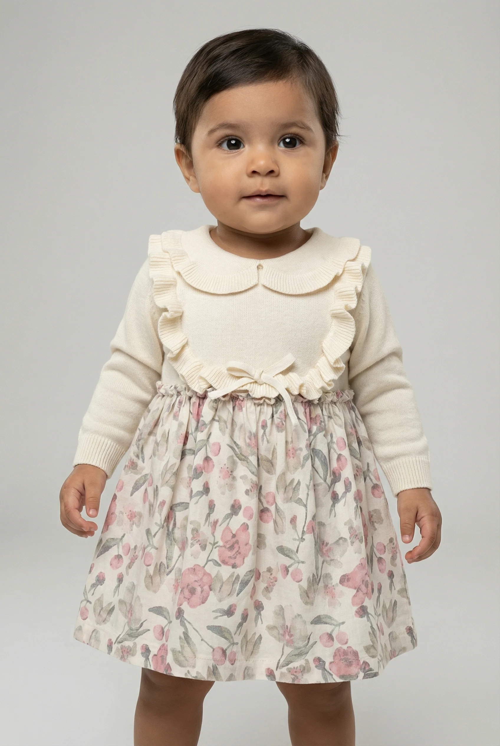 Baby Girls Knit Dress with Floral Print Skirt & Peter Pan Collar