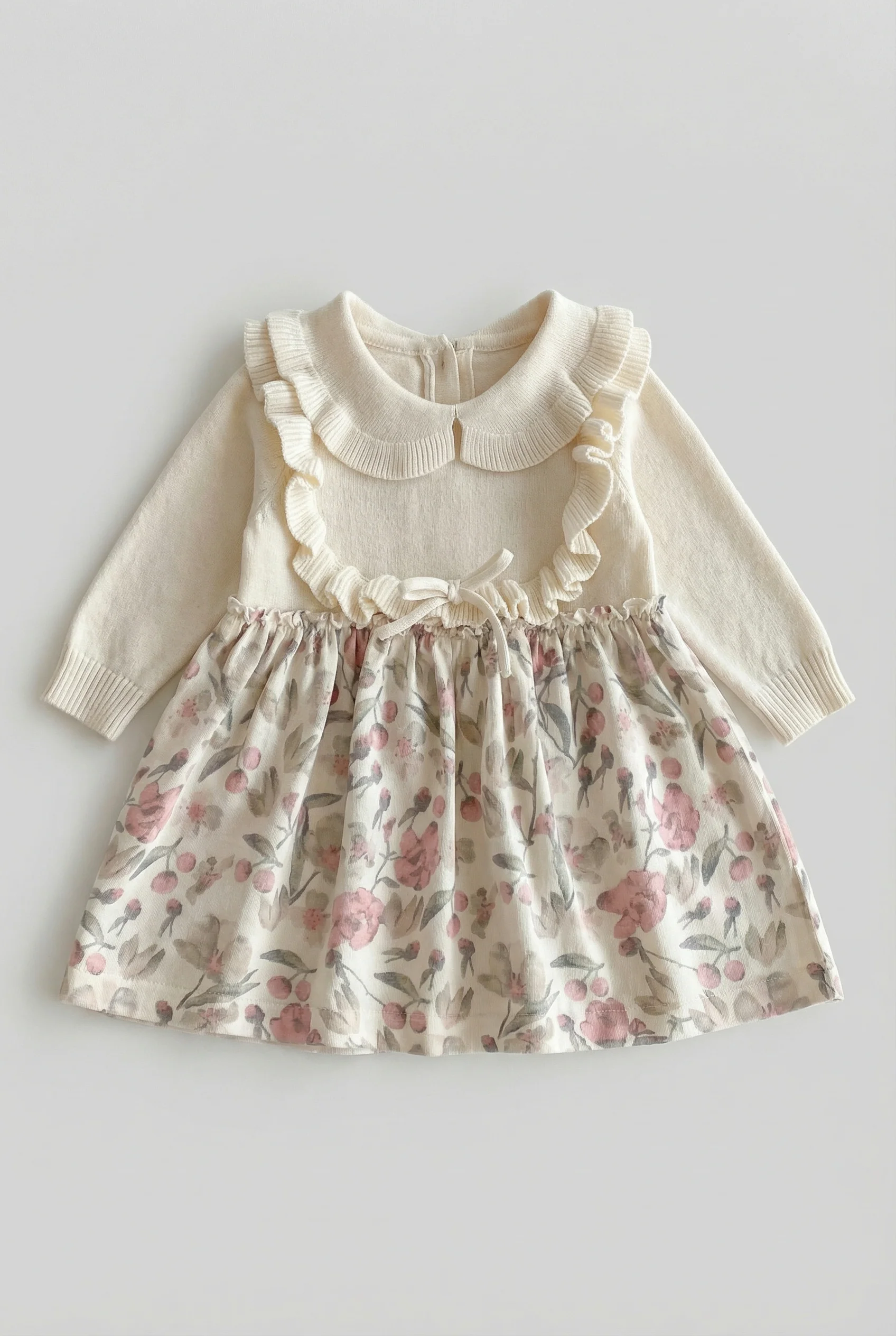 Baby Girls Knit Dress with Floral Print Skirt & Peter Pan Collar - Image 5
