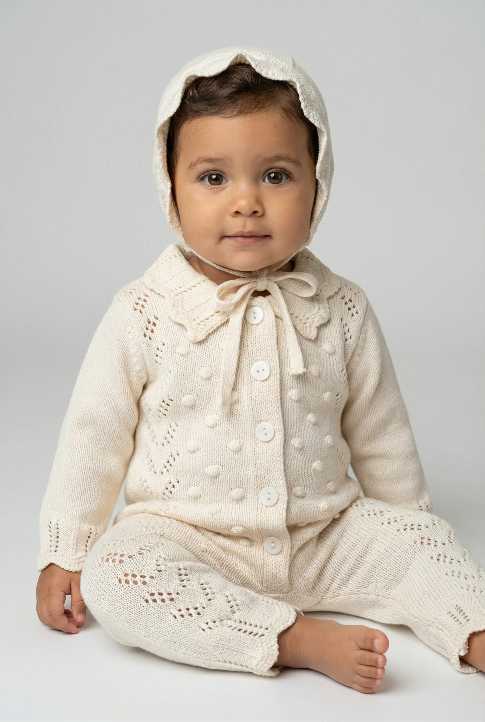 Baby Girls Knit Romper & Bonnet Set with Scalloped Collar - Ivory