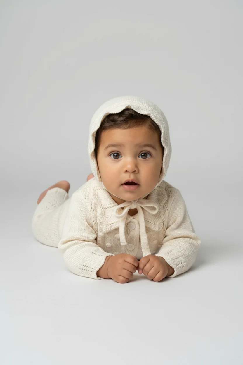 Baby Girls Knit Romper & Bonnet Set with Scalloped Collar - Ivory - Image 2
