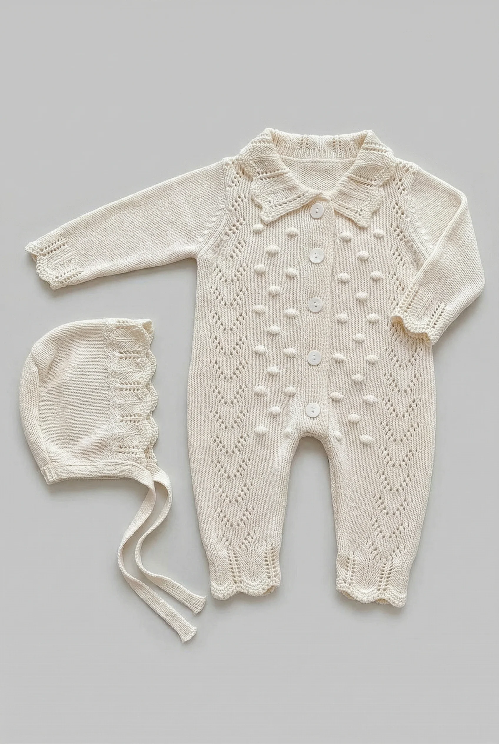 Baby Girls Knit Romper & Bonnet Set with Scalloped Collar - Ivory - Image 3