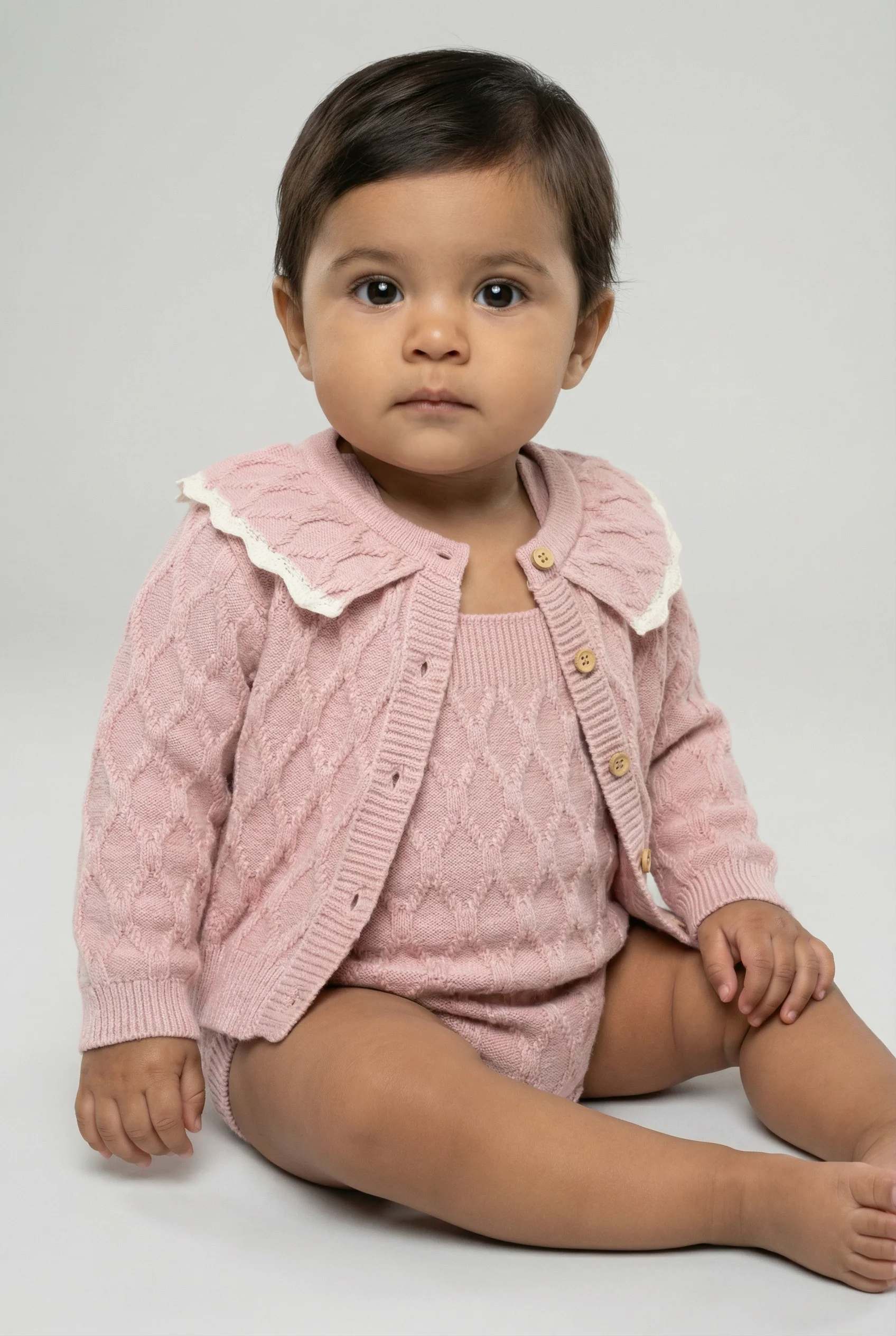 Baby Girls Knit Romper & Cardigan Set with Scalloped Collar