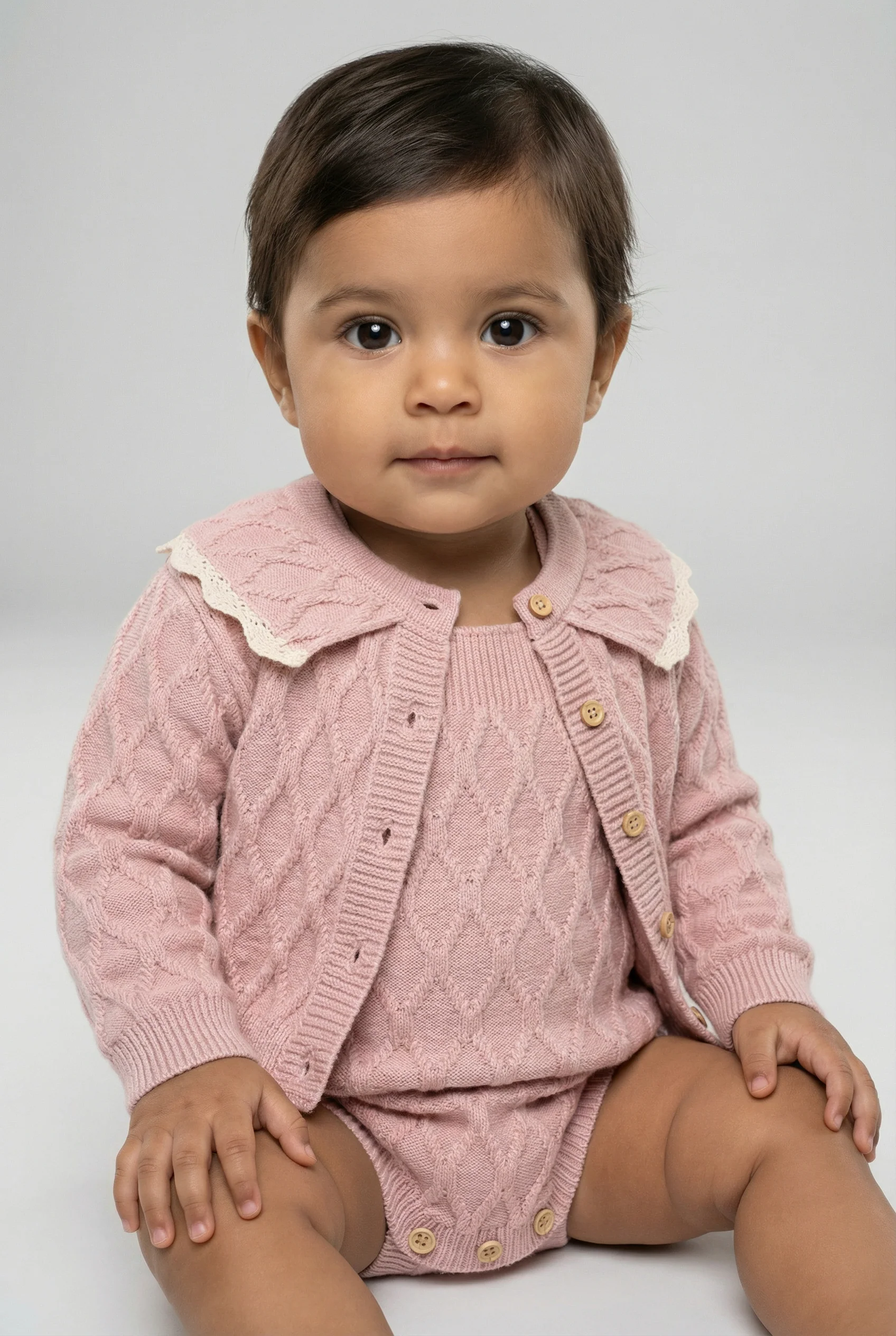Baby Girls Knit Romper & Cardigan Set with Scalloped Collar - Image 2
