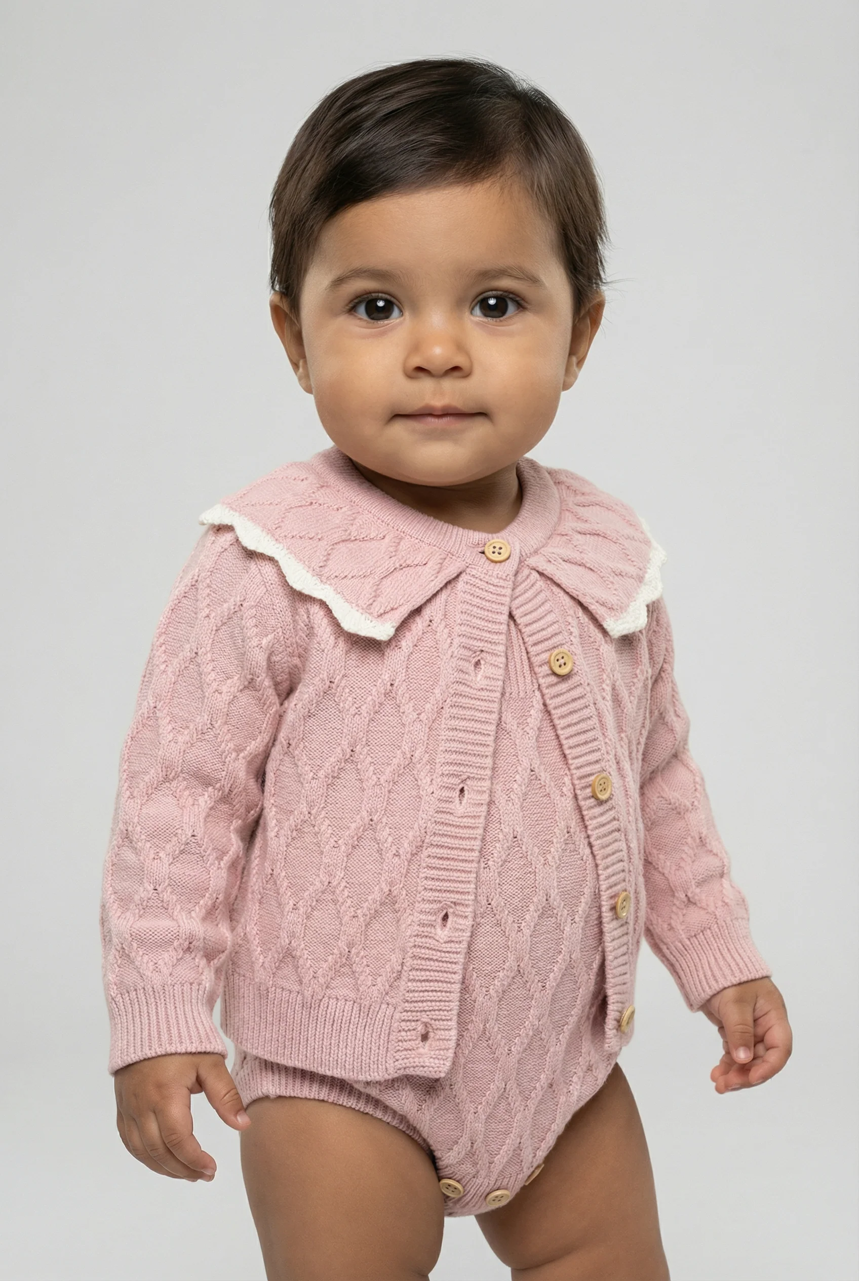 Baby Girls Knit Romper & Cardigan Set with Scalloped Collar - Image 3