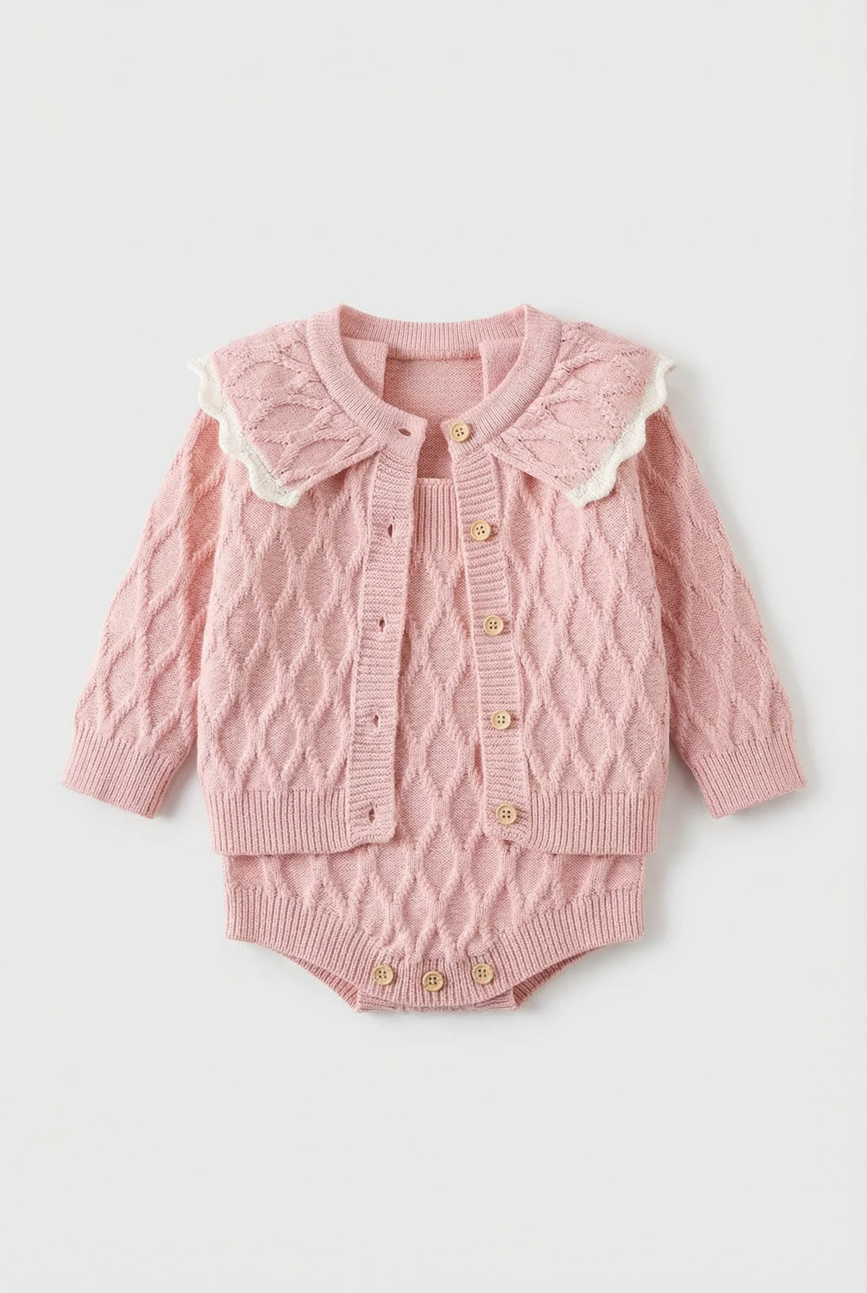Baby Girls Knit Romper & Cardigan Set with Scalloped Collar - Image 4