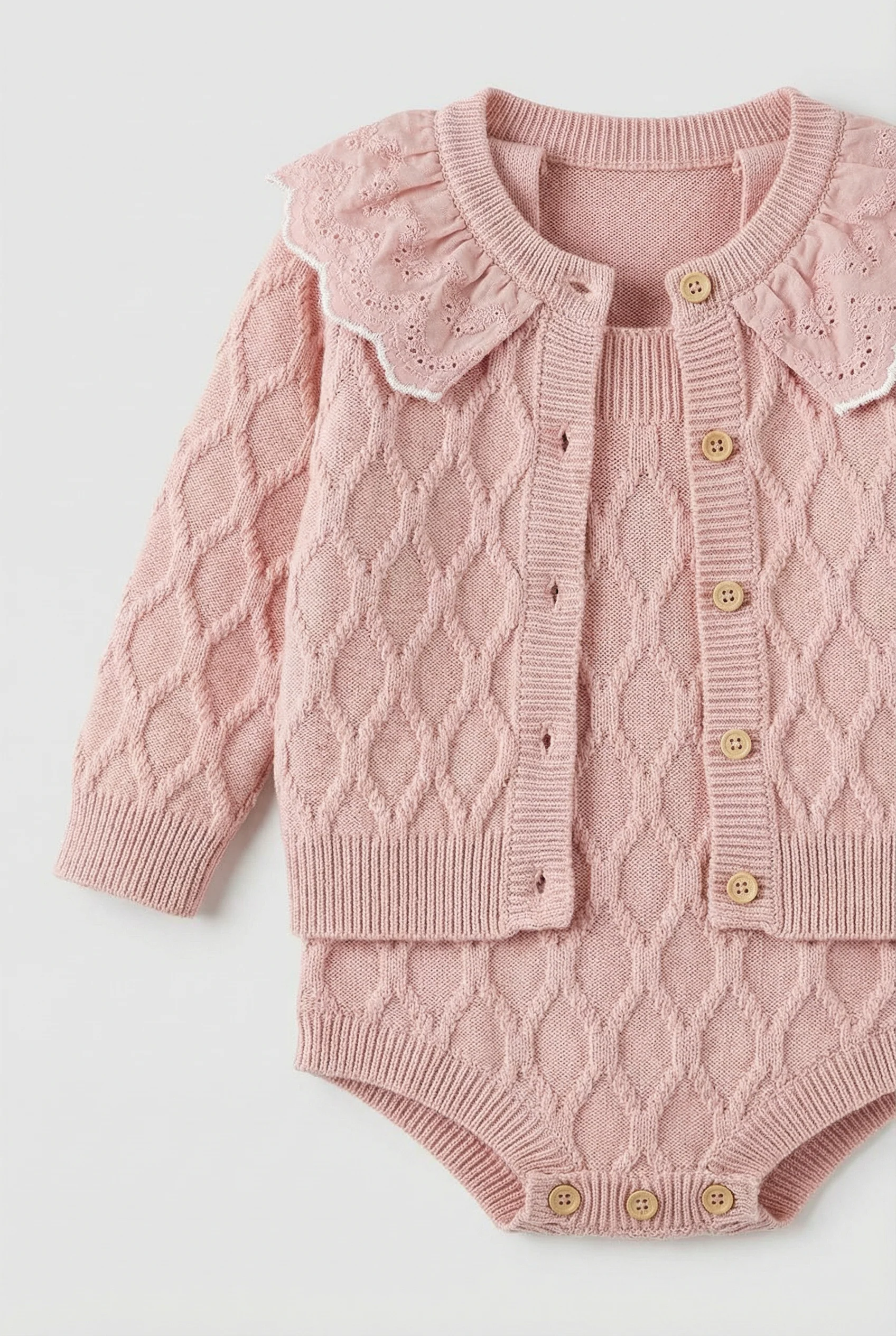 Baby Girls Knit Romper & Cardigan Set with Scalloped Collar - Image 5