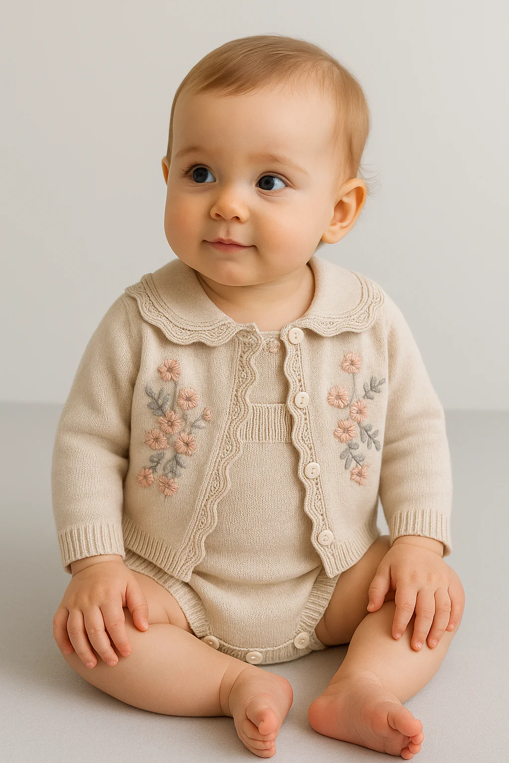 Baby Girls’ Knit Suspender Romper & Embroidered Cardigan Set - 2421 - Sand Beige