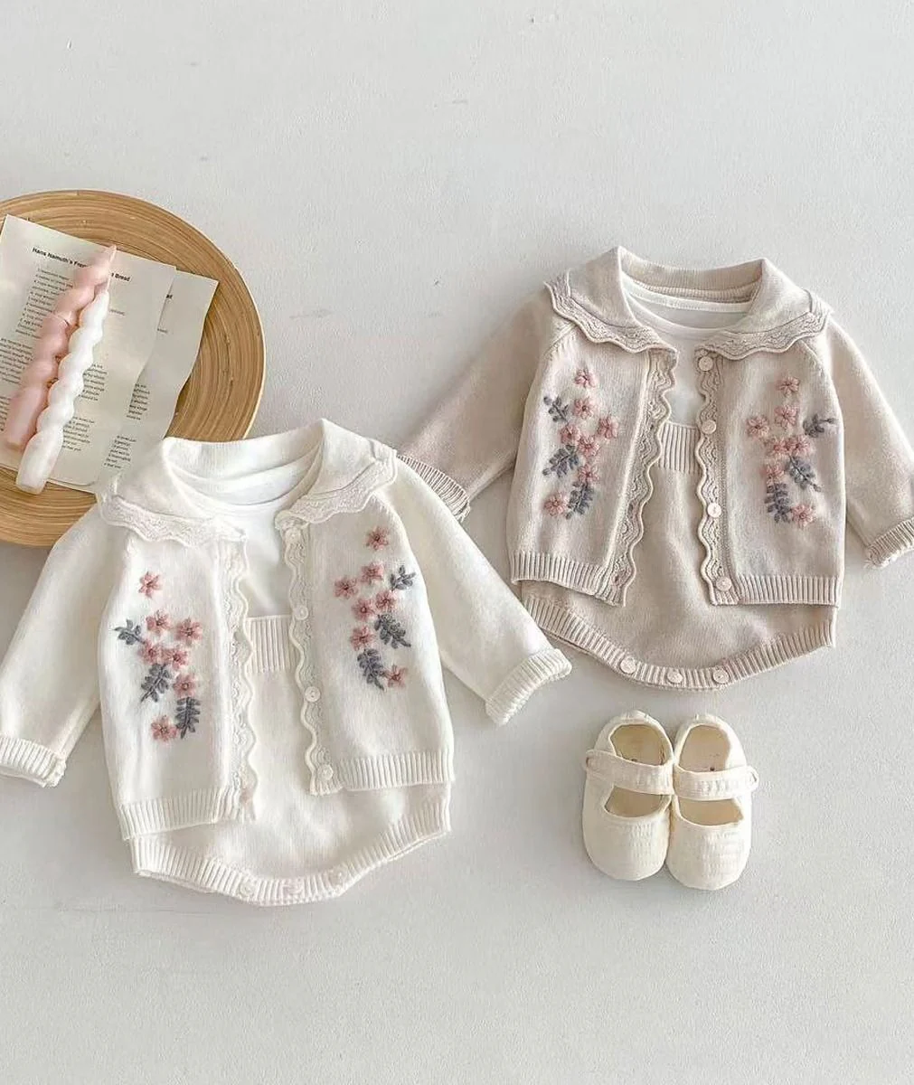 Baby Girls’ Knit Suspender Romper & Embroidered Cardigan Set - 2421 - Sand Beige - Image 2